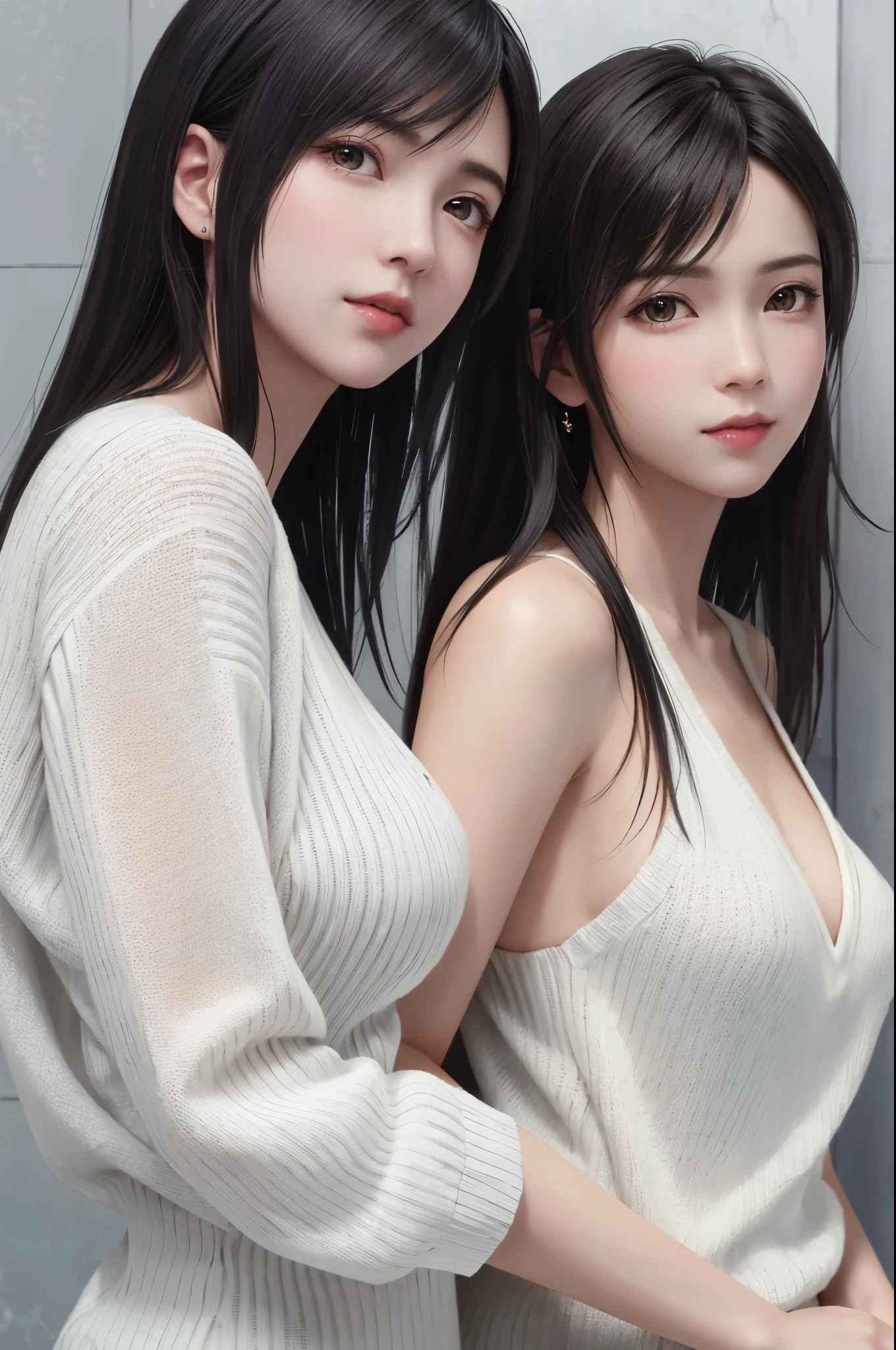 2girl, 2 girl, waist up, concept art, [shu qi:lawyer:1], grabbing vagina, masturbating touching her breast naked her vagina no panties, Ruff, Anklet, Makeup, loop lighting, 80mm, official art, unity 8k wallpaper, ultra detailed, aesthetic, masterpiece, best quality, photorealistic, vibrant