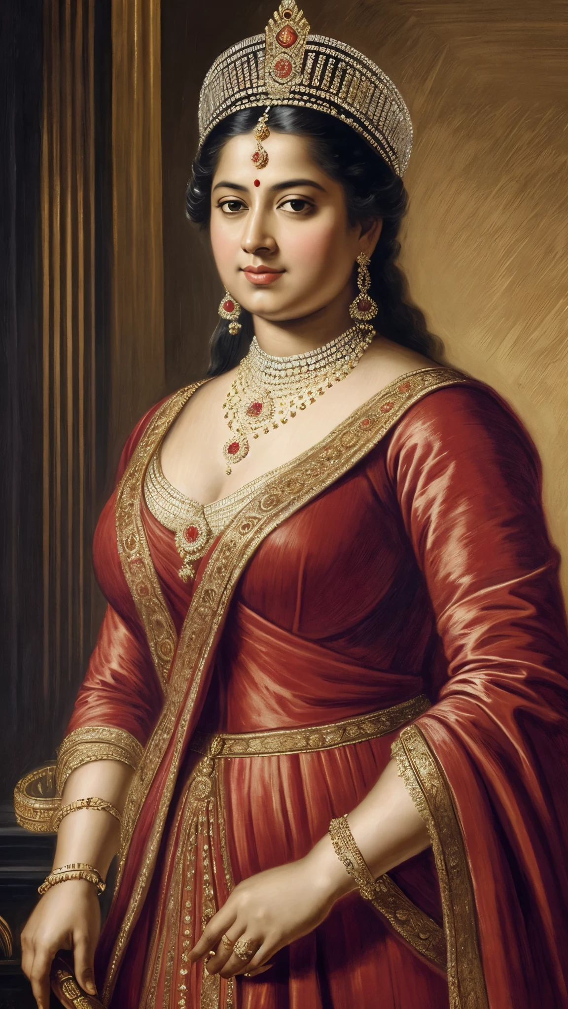 One Woman , a full-figured Indian queen with a royal court surrounding her in the manner of Peter Paul Rubens. The queen's shape highlights the beauty of a full form by radiating grace and confidence. Warm colors and rich tones along with dramatic lighting and a vivid color scheme should be used to compose the picture. The queen should wear clothing that combines traditional Indian fashion with historical authenticity, and her expression should convey her confidence and regal bearing. The artwork should be distinctive, appealing, and follow Rubens' creative direction.