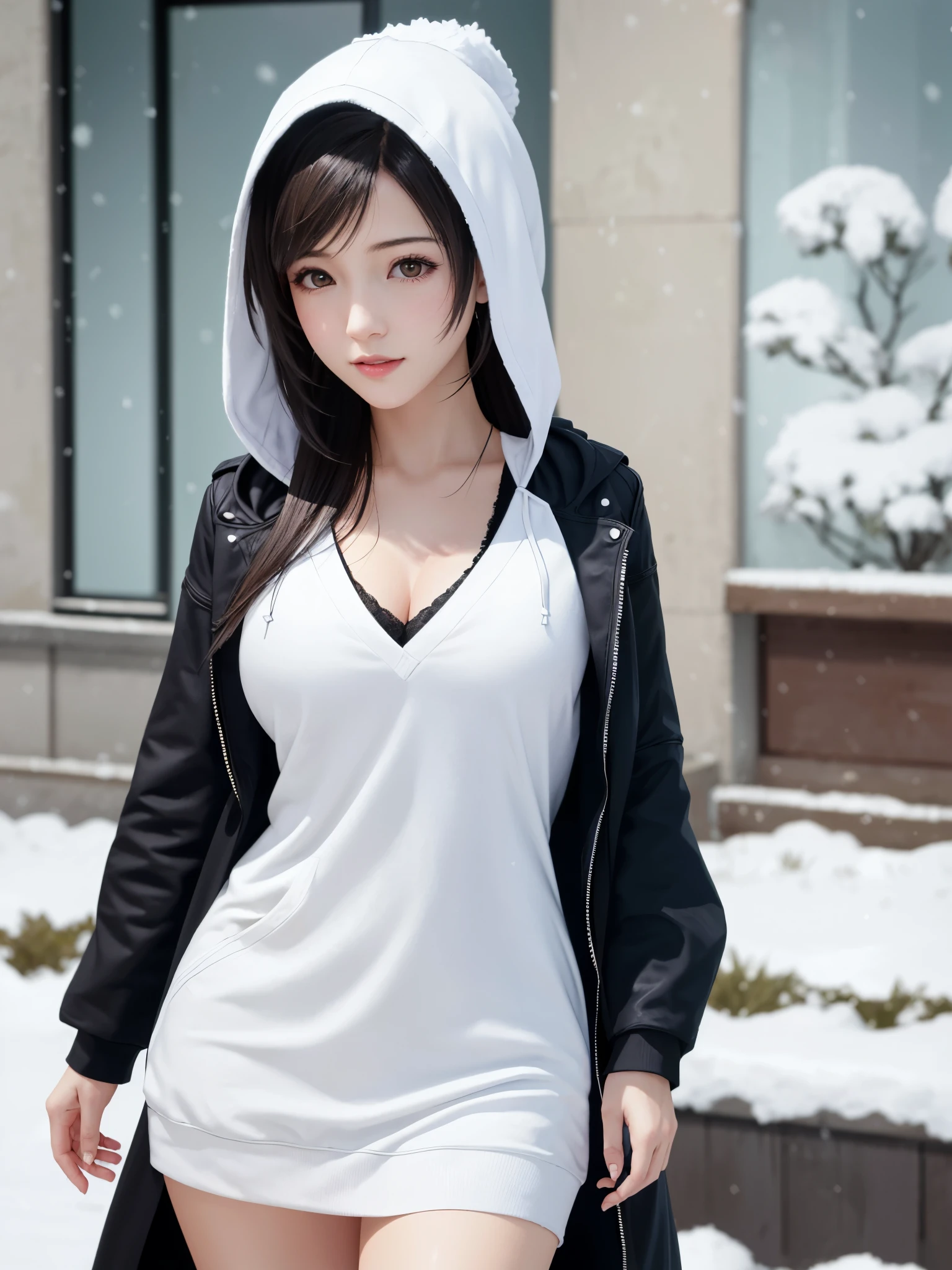 (top quality, masutepiece: 1.1), (Realistic: 1.3), BREAK (((FF7,Tifa_lockhart))),(solo,Tifa:1.2),(oversized large white hooded hoodie:1.3,long sleeve:1.2,shirt dress:1.3) ,(japan,sibuya,city, outdoor,hard snow:1.2),(erotic pose:1.1,nogizaka idol),Ultra-detailed face, Detailed eyes,Red eyes, BREAK (((FF7,Tifa_lockhart))),(black brown hair, Large breasts: 1.0), BREAK (no bra),(no panties),About 18 years old,kawaii,shy:1.1,meeting up for a date,waiting,cowboy shot, In the snow,Snow falls