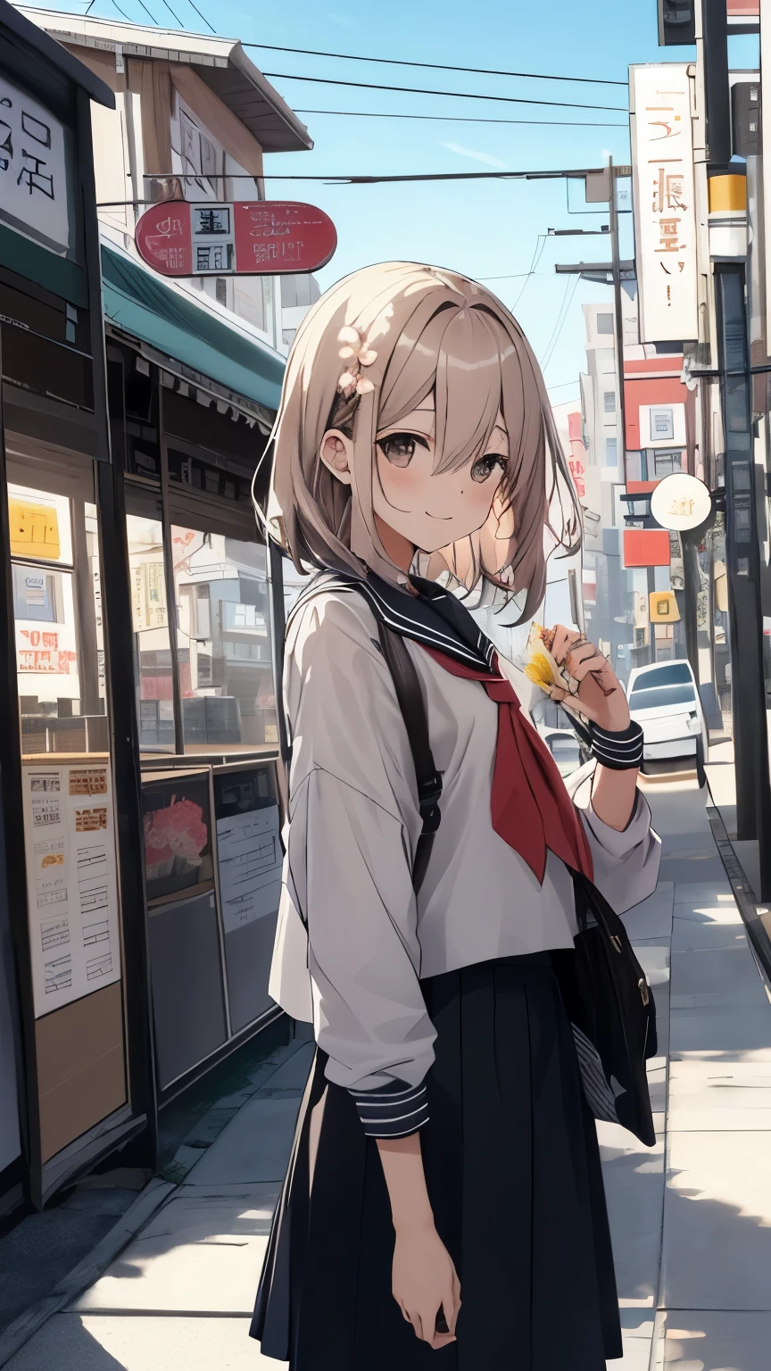 cherry_flower, outdoor, Day, spring_\(season\), 1 girl, smile, 一人in, 前hair, green_eye, blush, closed_mouth, looking for_in_viewer, length_hair, Brown_hair, branch, Eyebrow_appear_through_hair, floining_hair,hair_between_eye, green_crew_collar, serafuku, length_dispel, neckerchief, pleined skirt, pink_flower, flowerびら, wood, white_shirt, Wind, handrail, null , have a guitar, whiteいハイソックスを履いてブラウンの革靴を履いている, Windにflowerびらが舞っている, なびくhair
