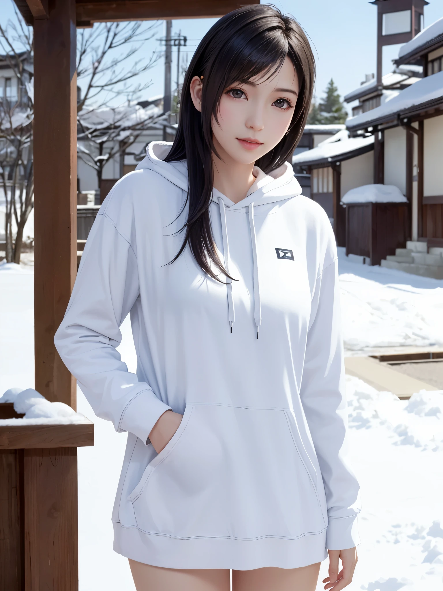 (top quality, masutepiece: 1.1), (Realistic: 1.3), BREAK (((FF7,Tifa_lockhart))),(solo,Tifa:1.2),(oversized large white hooded hoodie:1.3,long sleeve:1.2,shirt dress:1.3) ,(japan,sibuya,city, outdoor,hard snow:1.2),(erotic pose:1.1,nogizaka idol),Ultra-detailed face, Detailed eyes,Red eyes, BREAK (((FF7,Tifa_lockhart))),(black brown hair, Large breasts: 1.0), BREAK (no bra),(no panties),About 18 years old,kawaii,shy:1.1,meeting up for a date,waiting,cowboy shot, In the snow,Snow falls