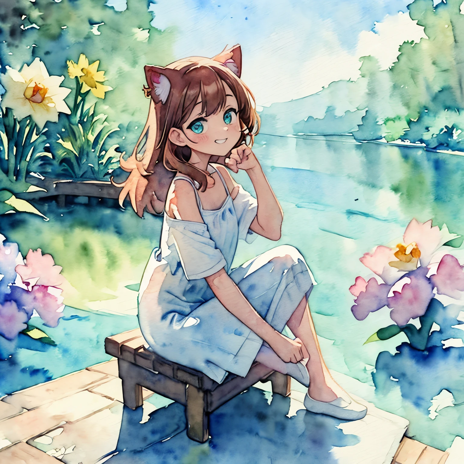 ((Masterpiece)), ((best quality)), (watercolor only background:1.9),1girl, solo, put on cat ears, grin face, Full body, ((claw pose)), sitting on pier, (oversized white camisole), (aqua eyes), (daffodil), (hyacinth), signature, red flower, pale brown hair, long hair, green eyes, cute earring, scumulonimbus cloud, landscape, (on the Tip of the pier), the lake, (simple white background),