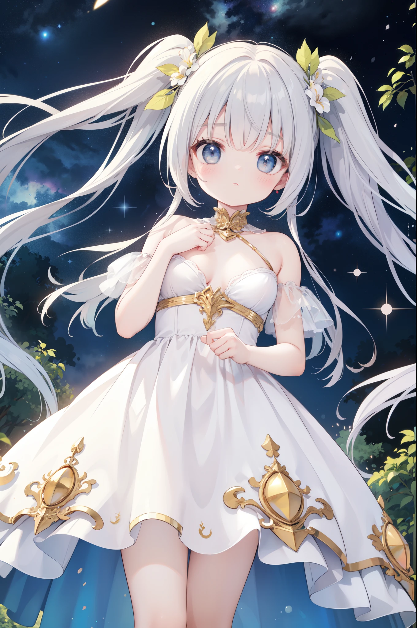 (masterpiece)、(highest quality)、((Super detailed))、(super delicate)、cute、Pastel colors hair、beautiful breasts、Gorgeous、Fantastic forest and starry sky、Golden, silver, and deep blue dress、look up from below