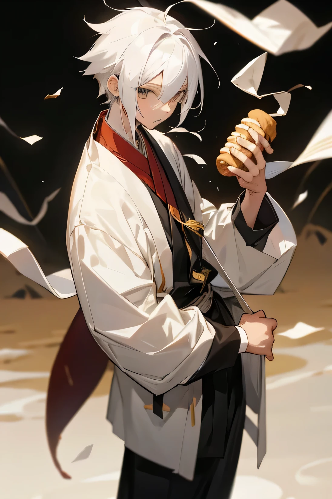 Male, young teen, white hair, yukata, homeless background, short, holding honeybun., Eastern temple background.