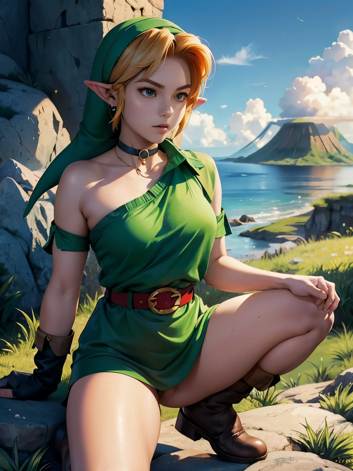 Link, The legend of Zelda, delicate skin, best quality, Best Desinger, Best illustration, (foto fotorrealista: 1.3), (pele com alto detalhe:1.2), 8k UHD, dslr, alta qualidade, alta resolução, 1girl, choker, collar, squatting, crouching, female, gloves, male, female only, partially clothed, short hair, thighs, thick thighs