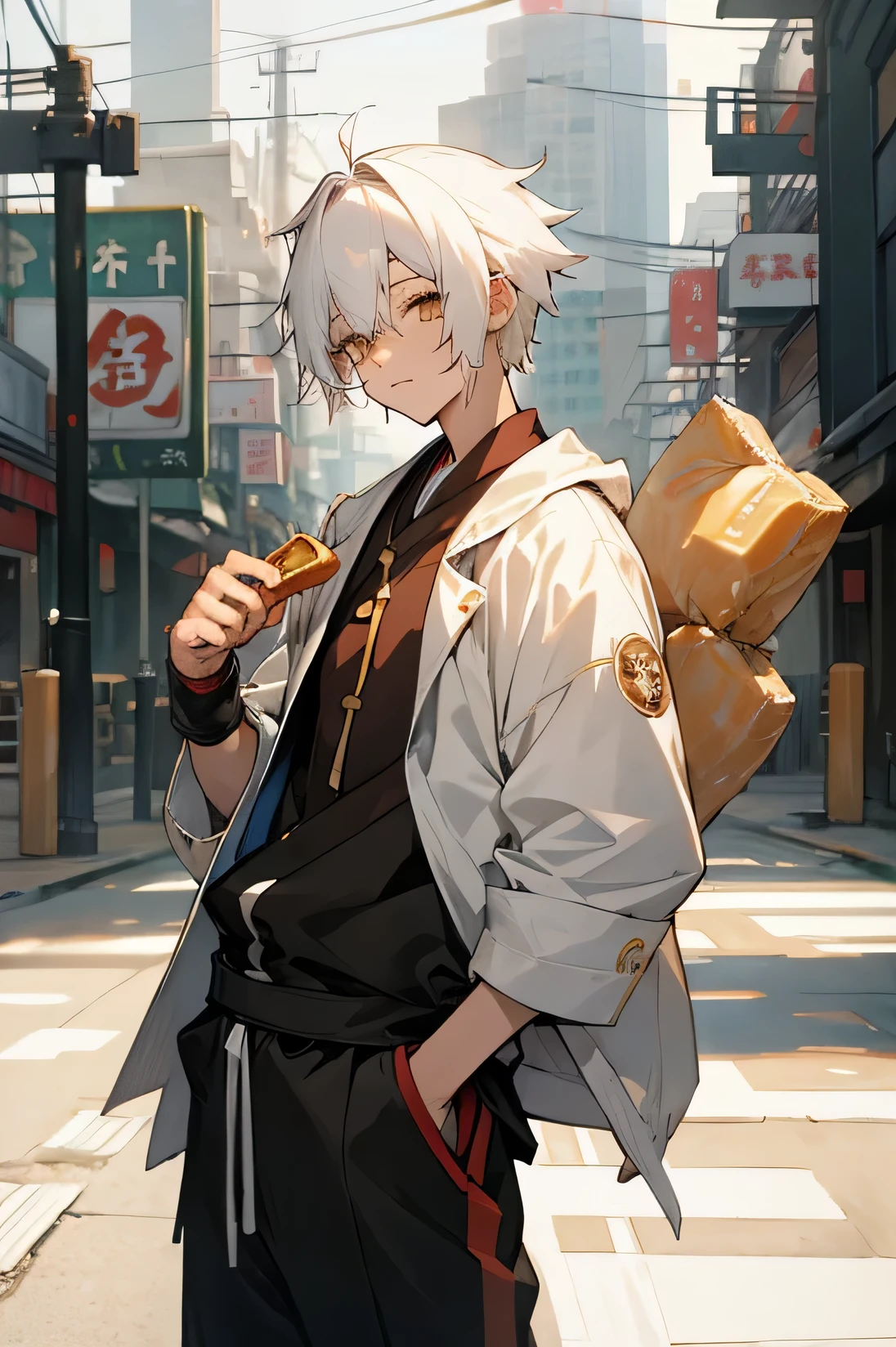 Male, young teen, white hair,  yukata, homeless background, short, holding honeybun., Eastern temple background.