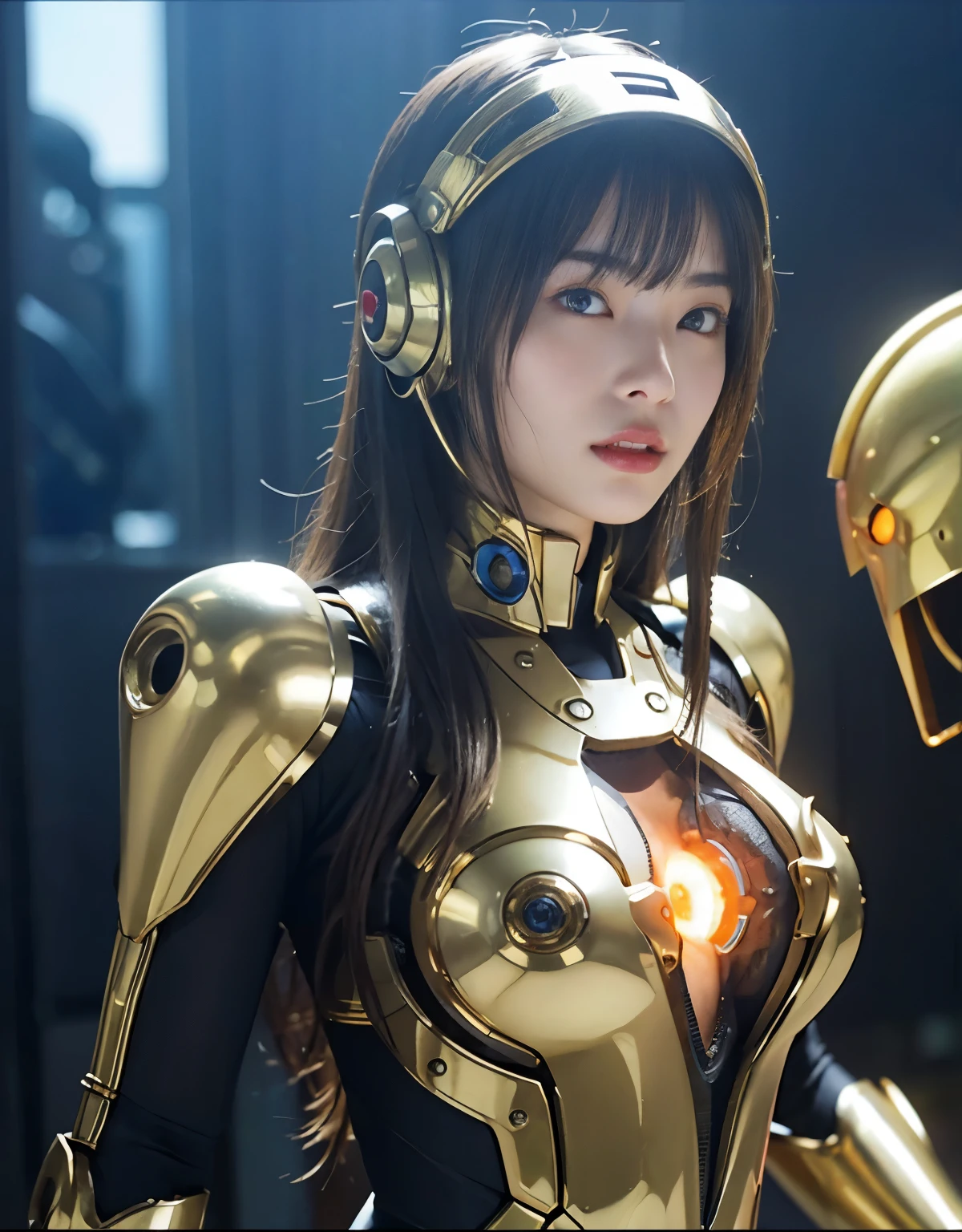 (Background of skimpy mechanical girl and octopus alien)、(Mystical expression)、highest quality、masterpiece、Super high resolution、(Photoreal:1.4)、RAW photo、1 girl、glowing skin、detailed face、(((1 Mechanical Girl)))、Heavy chest、(gold metal bodysuit)、(Natural alien background to fight aliens)、(Small LED)、((Super realistic details))、vertical giant monster background),global illumination、Shadow、octane rendering、24K、super sharp、robotの背景、big breasts、Raw skin exposed in the cleavage、intricate decorative details、Japan details、very intricate details、realistic light、(Mystical expression),CG Society Trenlow Eyes、Eyes shining towards the camera、Mechanical marginal blood vessels connected to neon detail tubes)、(Wires and cables connecting to the head)、Small LED、,mechanical thighs、two stock、(Hands are also made of machines)、robot、future alien、Please wear a mechanical helmet、transparent face guard on helmet,