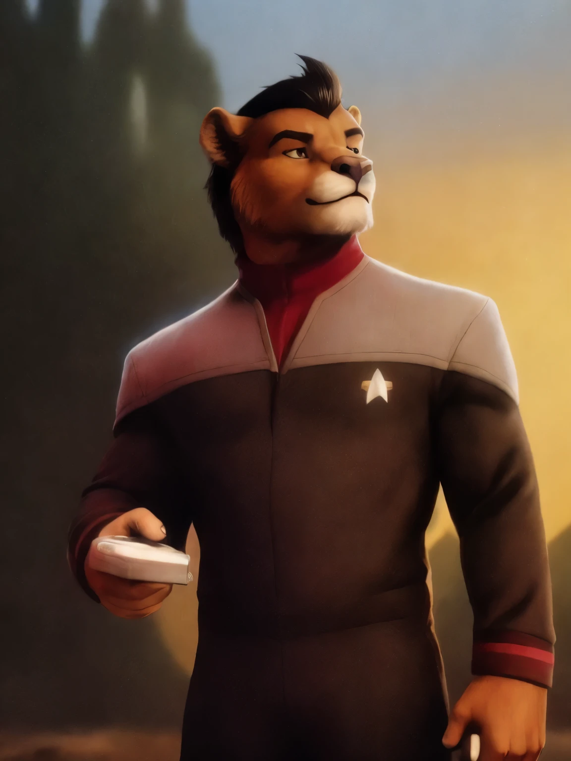 «»A photorealistic portrayal of a barefoot Scar (beefy lion with orange fur, black mane with with white strand, from Lion King) dressed in a ds9st black and grey uniform with red collar. Scar should be posed with a determined and fighting stance of Starfleet captain, holding a phaser (Star Trek gun) in hands. The background should be green nature with landing star ship USS Voyager on horizon (Star Trek vessel). The lighting should be bright and focused on the captain Scar, highlighting its rugged features. The camera shot should be a full-body shot, capturing the lion's powerful presence and the fine details of its ds9st uniform. The resolution should be 8K or higher to showcase the majestic textures of the lion's fur and the star ship behind him. The render style should be coloufull and should aim for a professional and polished look, suitable for an TV advertisement or a scifi-themed magazine cover. (((Scar from Lion king))), (((ds9st))), (((nature shot, star ship on the backround))), (((bright lighting))), (((full-body shot))), (((8K resolution))), (((professional render style))).»