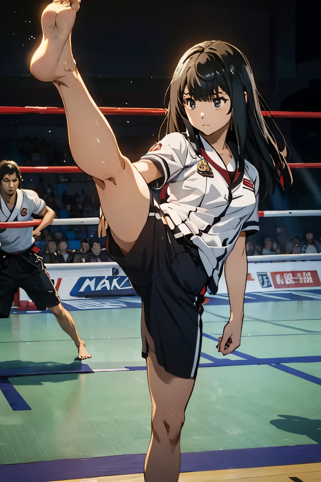 High resolution, 1girl, long black hair, suzune inukami, wearing karate uniform, high kick, standing on one leg, barefoot, arched foot, detailed foot, soles facing viewer, fighting stance, angry, frowning, looking at viewer, full body shot, in an arena