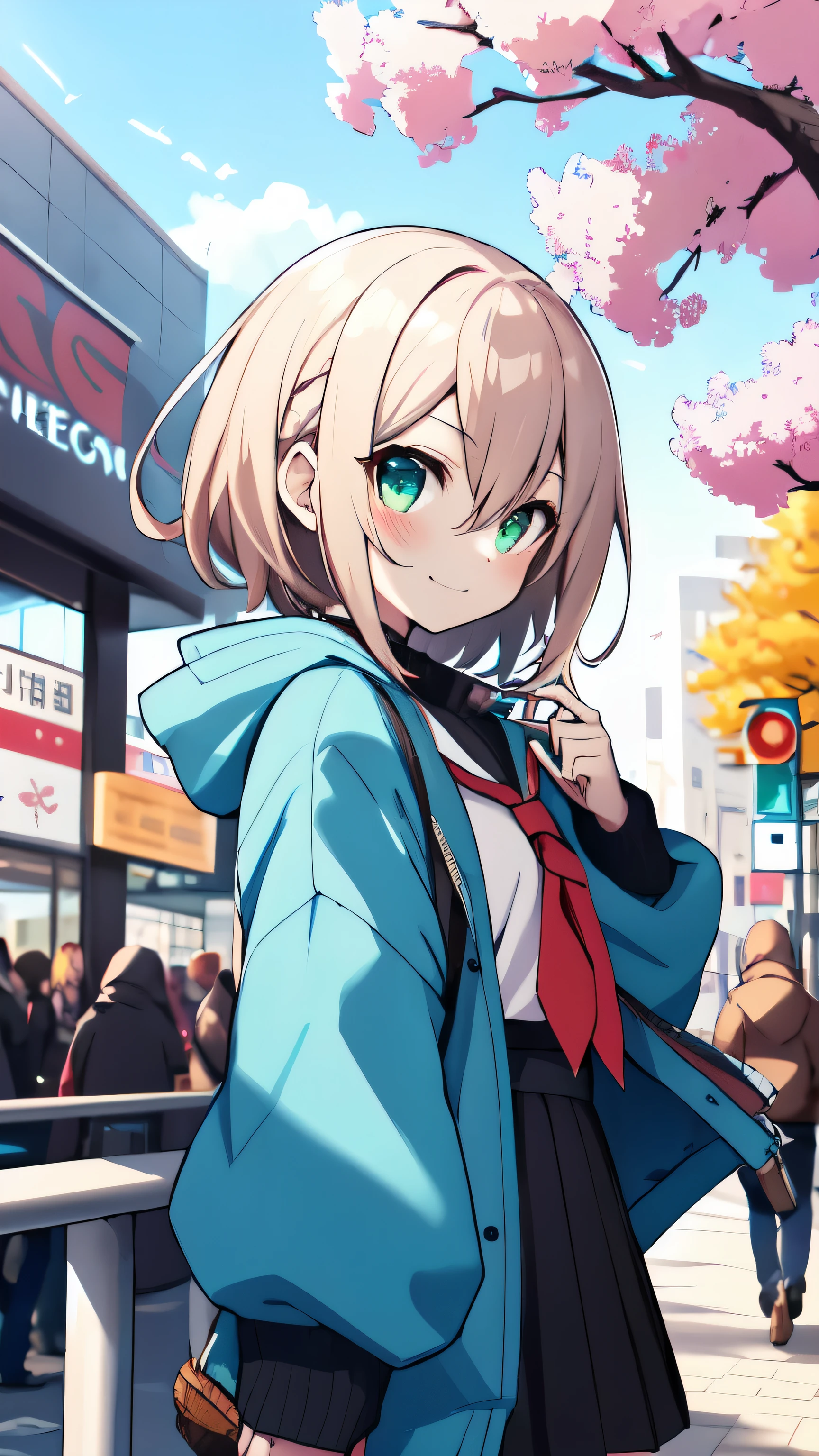 cherry_flower, outdoor, Day, spring_\(season\), 1 girl, smile, 一人in, 前hair, green_eye, blush, closed_mouth, looking for_in_viewer, length_hair, Brown_hair, branch, eyebrow_appear_through_hair, floining_hair,hair_between_eye, green_crew_collar, serafuku, length_dispel, neckerchief, pleined skirt, pink_flower, flowerびら, wood, white_shirt, Wind, handrail, null ,  whiteいハイソックスを履いてブラウンの革靴を履いている, Windにflowerびらが舞っている, なびくhair, amazing background, impressive background
