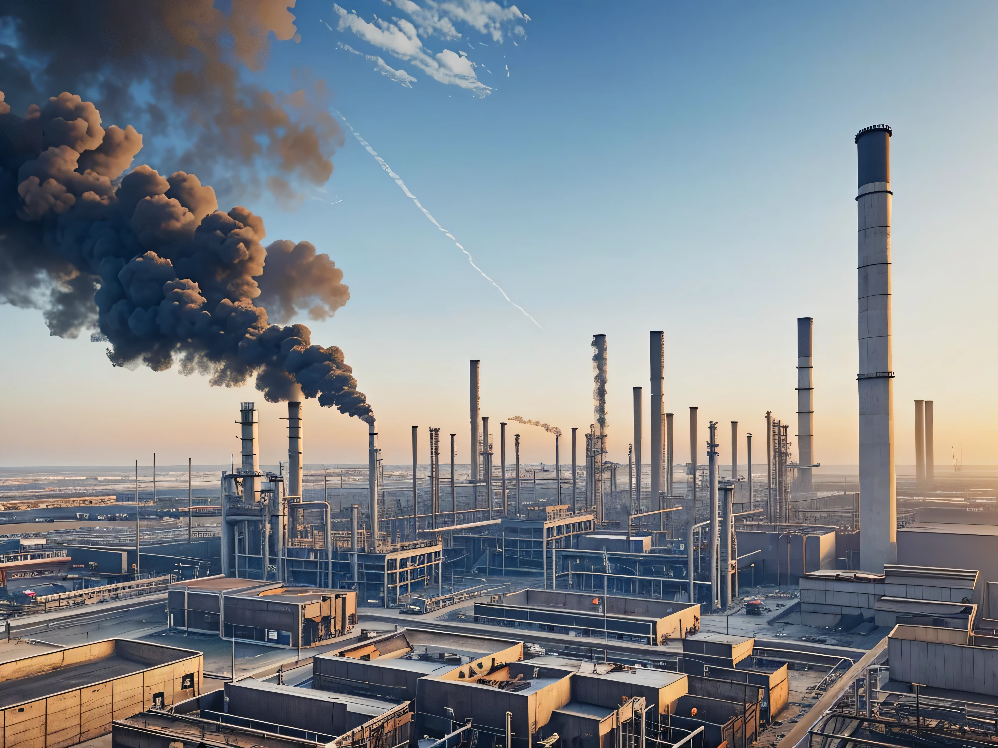 smoke billows from a factory with a train passing by, industrial environment, industrial factory, matte painting of steam machines, industrial fires and smog, power plants with smoke, industrial plant environment, factories and nature, industrial steam, industrial setting, industrial complex, industrial surrounding, post apocalyptic factory, industrial photography, factory background, industrialization, industrial, factories, steel mill, industry