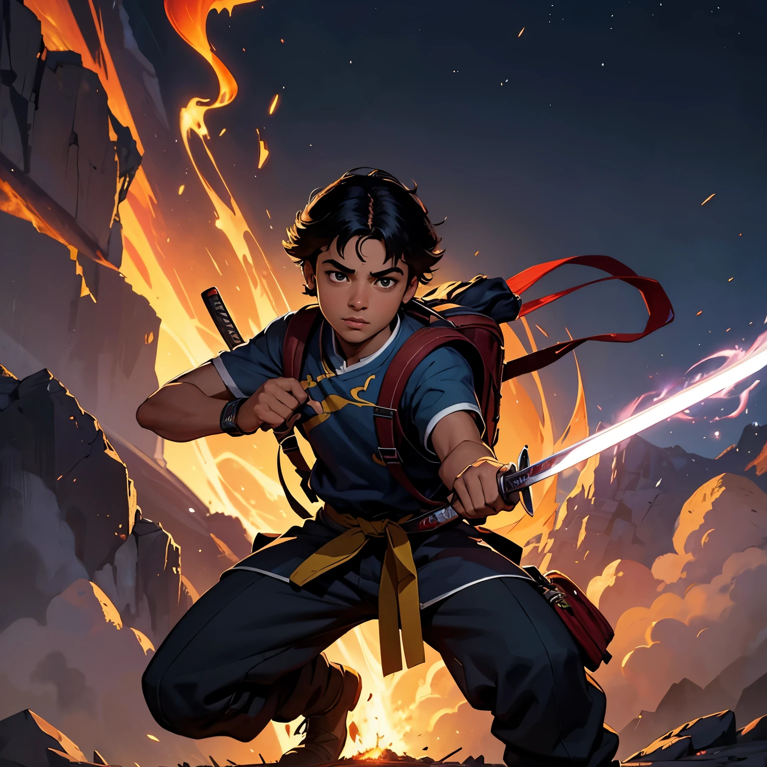 Menino de 14 anos, roupas pretas, pele branca, cabelos pretos, ele tem braceletes pretos e uma katana, he has fire powers and on his back is an adventurer's backpack