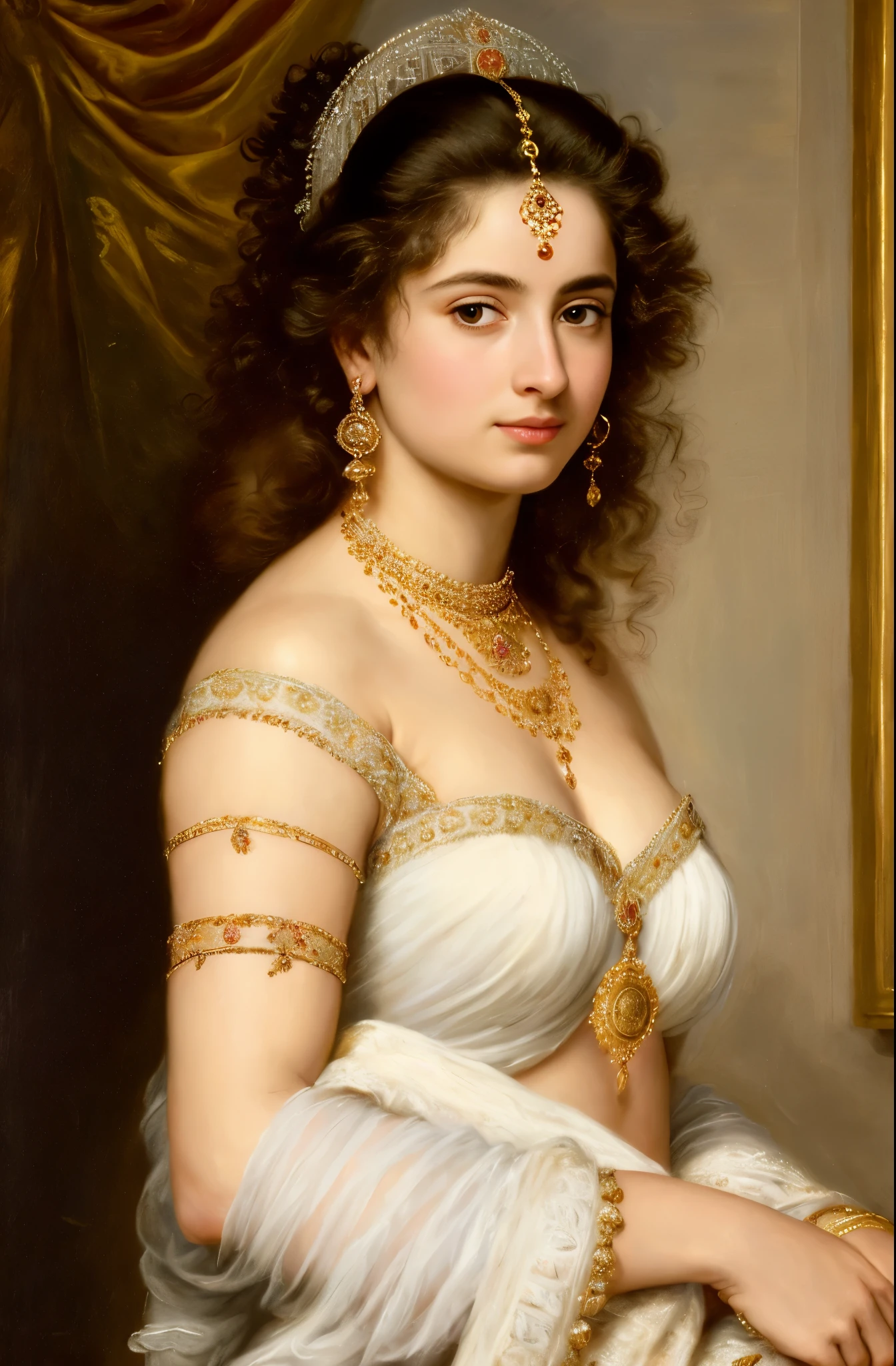Best quality, highly detailed, masterpiece, Indian princess, Rajkanya, royal clothes, Masterpiece, extremely gorgeous woman, matchless Beauty, portrait, Peter Paul Rubens style, Woman, off shoulder bandeau crop blouse, beautifully styled hair, fluffy hair, middle ages, classicism, andrey atroshenko style, painting, long hair, styled hair, traditional media, realistic, figurative, fine art, detailed Art, oil on canvas, HDR, 8K, original character, high resolution, high detail, focus on the face, intricate, flawless, fluffy hair, Peter Paul Rubens style, By Peter Paul Rubens, sharp picture, no crown