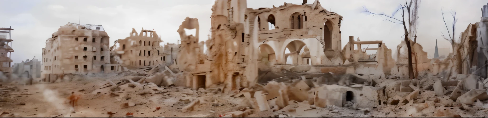 there is a picture of a ruined city with a man walking down the street, destroyed monastery, destroyed church, destroyed castle, stunning image, kremlin towers are destroyed, destroyed buildings, damaged buildings, building destroyed, video still, destroying the walls, citadel of erbil, screen capture, ruin, historical setting, crumbling ruins, destroying buildings, war torn, ruined buildings