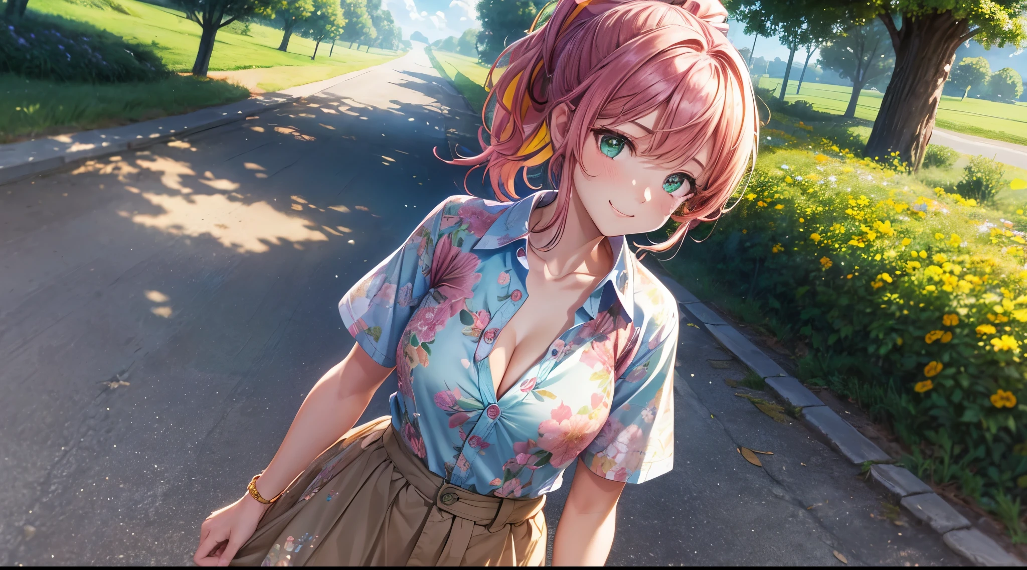 1girl, solo, summer, village, trees, sun, clouds, ((colorful hair)), disheveled hair, ponytail, large breasts, button down, green eyes, ((floral pattern shirt)), ((unbuttoned shirt)), ((short sleeved shirt)), flowers on shirt, skirt, brown shoes, grin, looking at the viewer, standing, hair ribbon