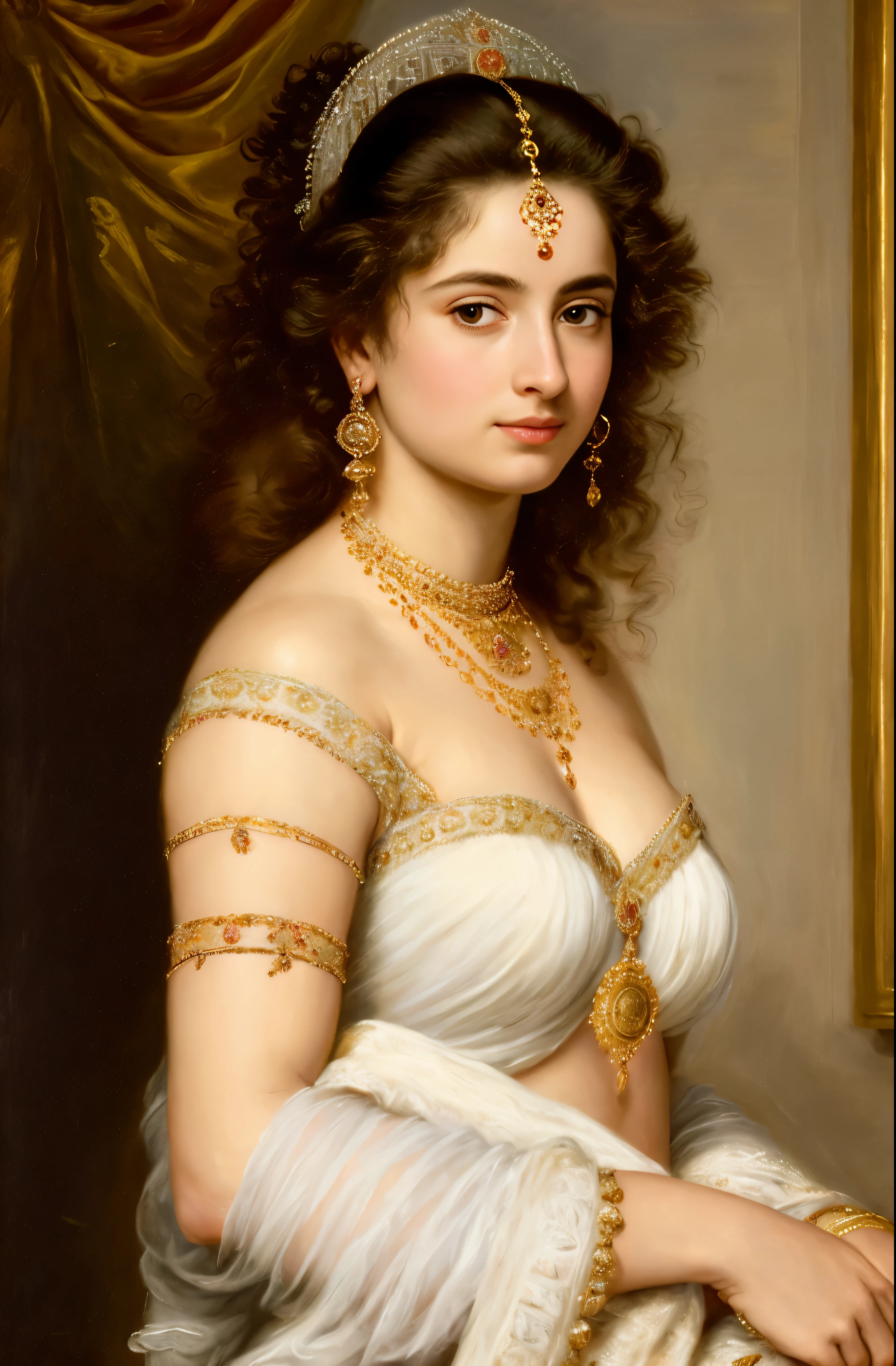 Best quality, highly detailed, masterpiece, Indian princess, Rajkanya, royal clothes, Masterpiece, extremely gorgeous woman, matchless Beauty, portrait, Peter Paul Rubens style, Woman, off shoulder bandeau crop blouse, beautifully styled hair, fluffy hair, middle ages, classicism, andrey atroshenko style, painting, long hair, styled hair, traditional media, realistic, figurative, fine art, detailed Art, oil on canvas, HDR, 8K, original character, high resolution, high detail, focus on the face, intricate, flawless, fluffy hair, Peter Paul Rubens style, By Peter Paul Rubens, sharp picture, no crown