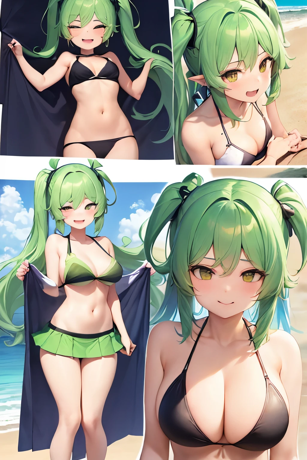 ((เด็กผู้หญิง)), ((ผลงานชิ้นเอก)), (น่ารัก), ใบหน้าที่สมบูรณ์แบบ cute girl with long lightgreen hair. Mortar board . cute bikini with skirt.in the beach.