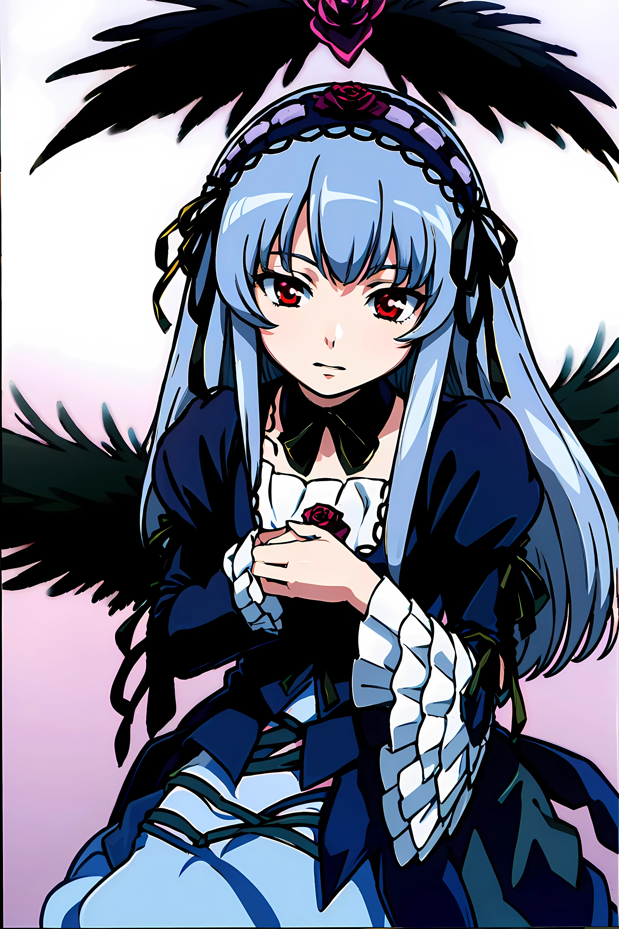 highest quality,ultra-be familiar with,High resolution,extremely be familiar with CG,unity 8k wallpaper,official art,be familiar with,super be familiar with skin,perfect anatomy,beautiful be familiar with eyes,
((anime screenshot)),very delicate and beautiful,comics,90s anime,90s anime style,cel shaded anime,
1 girl,
SUI1,red eyes,long hair,gothic dress,gray hair,Rose hair ornament,long sleeve,gothic hairband,ribbon,black dress,Black wings,