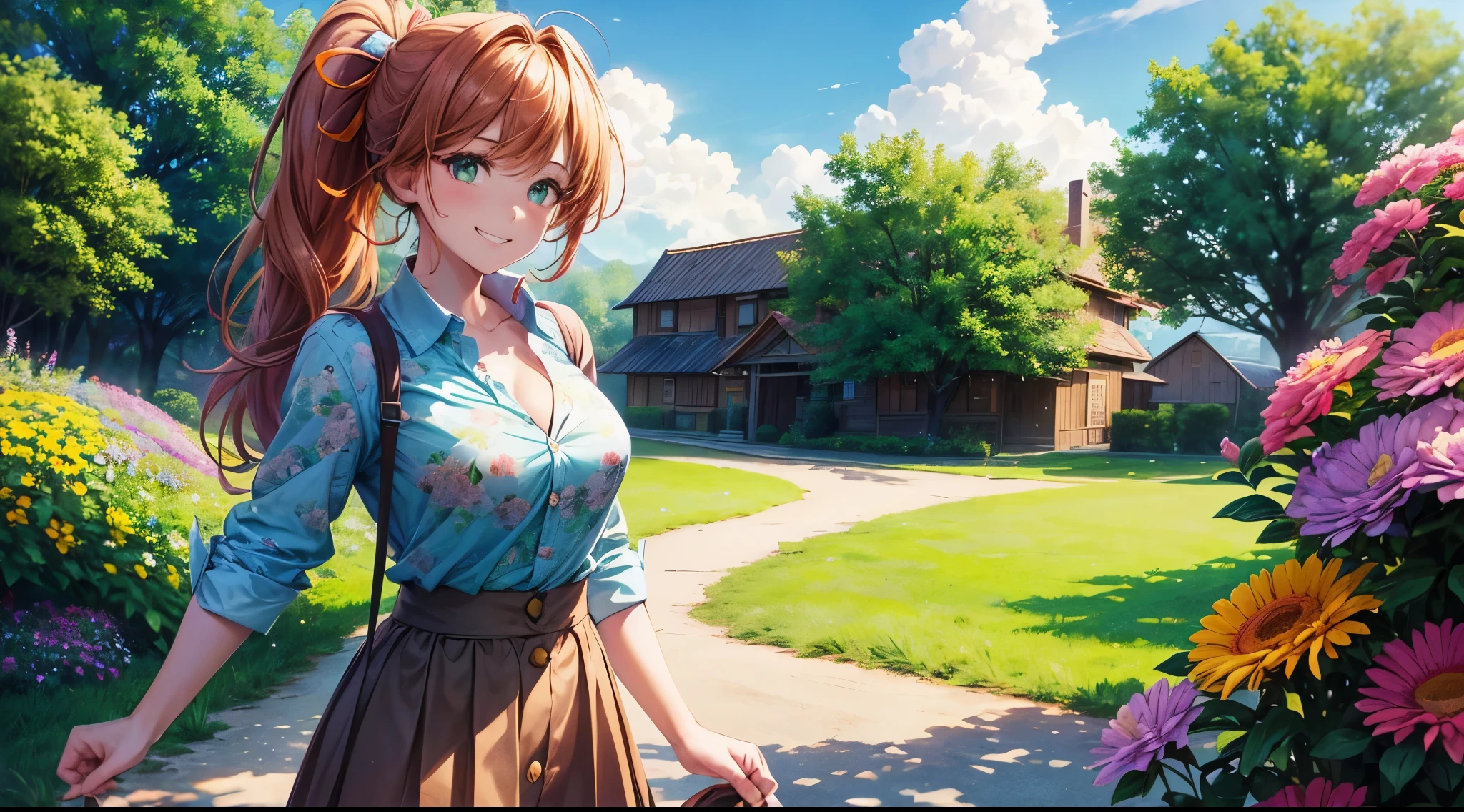 1girl, solo, village house, trees, sun, clouds, ((brown hair)), ponytail, large breasts, ((brown leather jacket)), button down shirt, ((blue checked shirt)), ((unbuttoned shirt)), unbuttoning buttons, cleavage 1:3, green eyes, long skirt, brown boots, smile, happy, looking at the viewer, standing, hair ribbon, golden necklate, wind