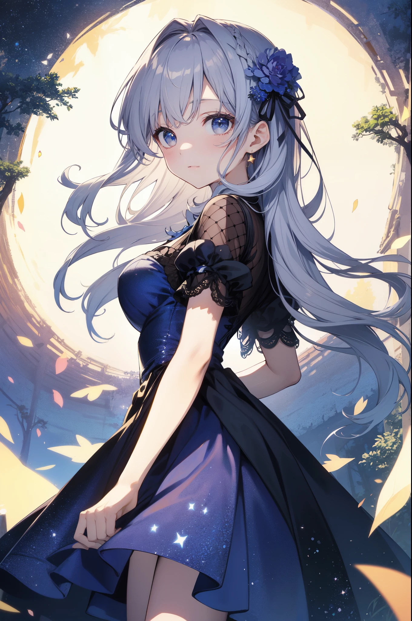 (masterpiece)、(highest quality)、((Super detailed))、(super delicate)、cute、Pastel colors hair、beautiful breasts、Gorgeous、Fantastic forest and starry sky、Golden, silver, and deep blue dress、look up from below