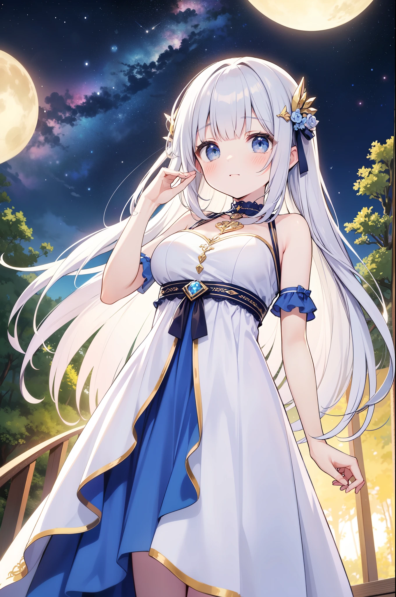 （masterpiece）、(highest quality)、((Super detailed))、(super delicate)、Ero cute、Pastel colors hair、beautiful breasts、Gorgeous、Fantastic forest and starry sky、Golden, silver, and deep blue dress、look up from below