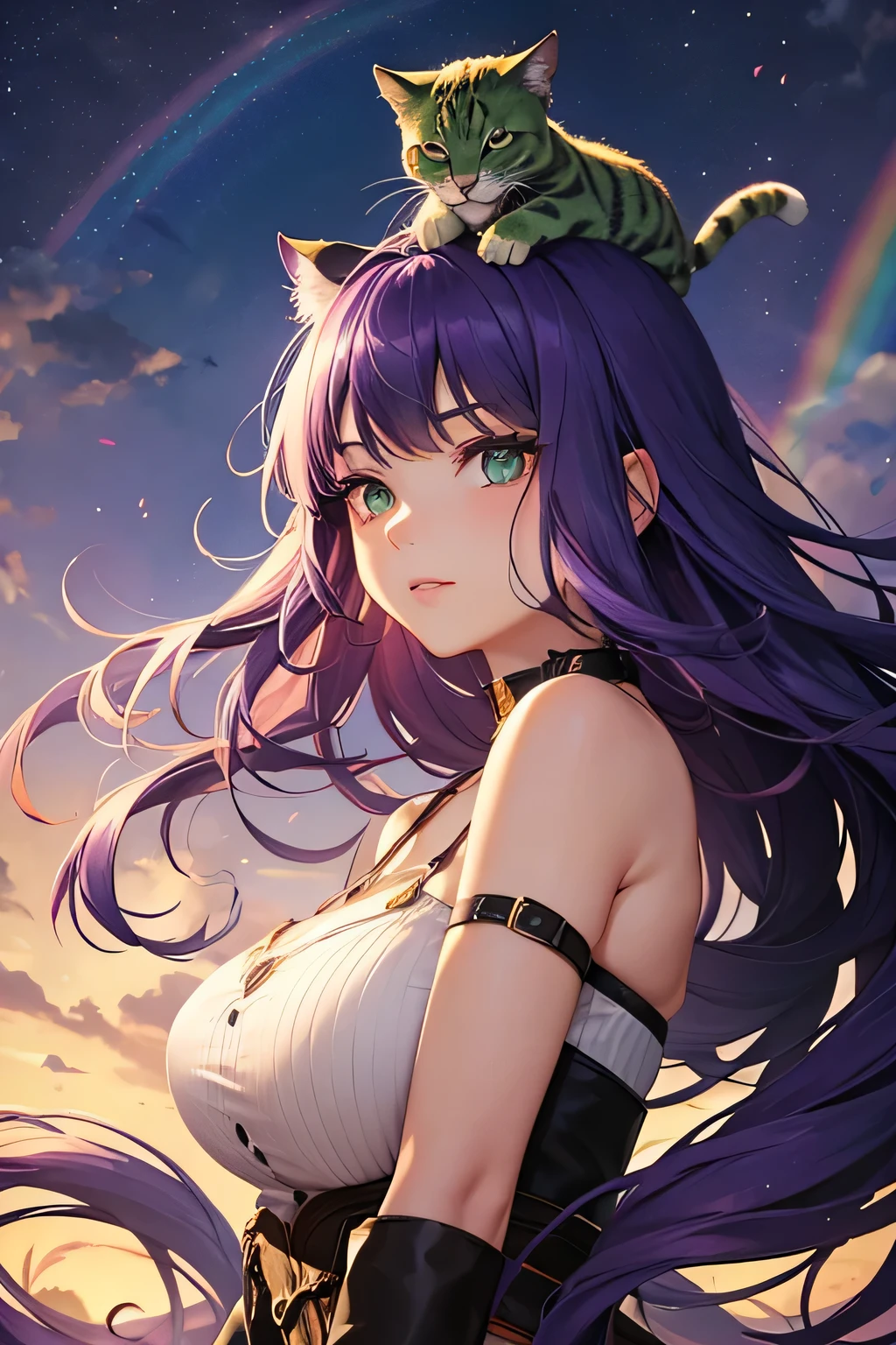 Woman, with purple long hair, big green eyes, short windy hair, big cat years on her head, the background is a rainbow