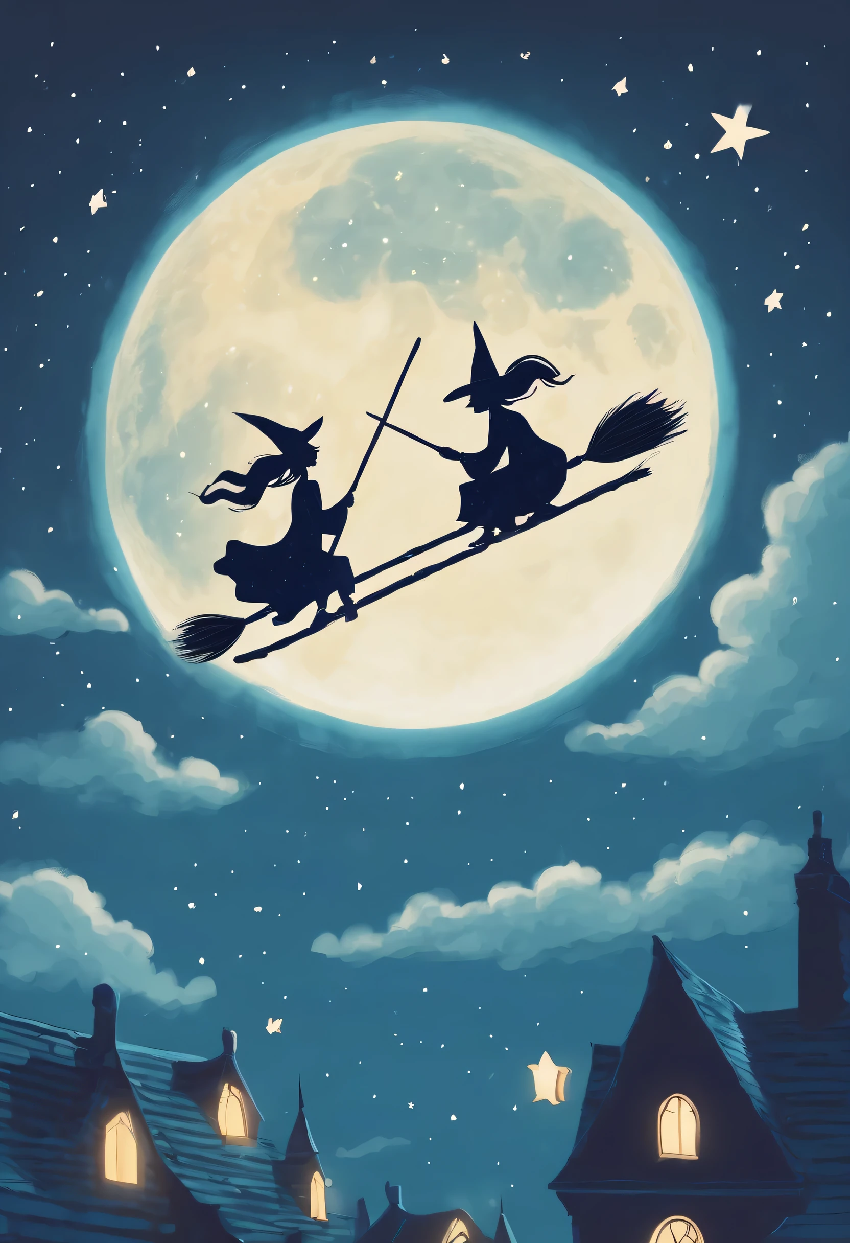 illustration：in the sky，Two witches flying on broomsticks，air racing，fluffy clouds，Fly to the huge moon，Rear view，glistening stars，dreamy blue sky，inspired by"harry potter"