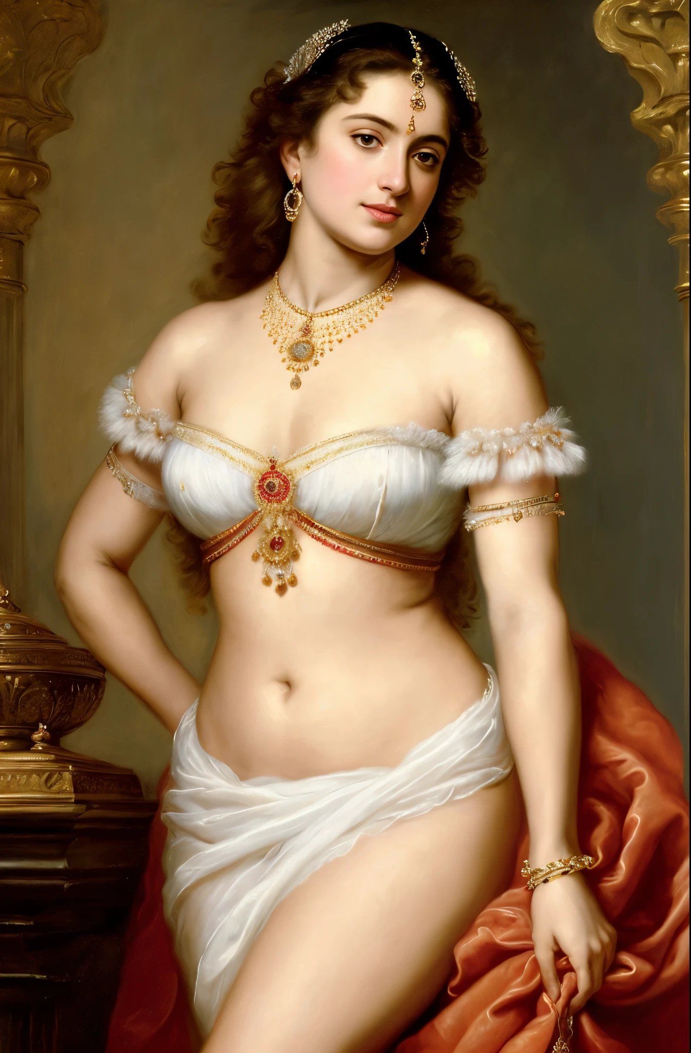 Best quality, highly detailed, masterpiece, Indian princess, Rajkanya, royal clothes, Masterpiece, extremely gorgeous woman, matchless Beauty, portrait, Peter Paul Rubens style, Woman, off shoulder bandeau crop blouse, beautifully styled hair, fluffy hair, middle ages, classicism, andrey atroshenko style, painting, long hair, styled hair, traditional media, realistic, figurative, fine art, detailed Art, oil on canvas, HDR, 8K, original character, high resolution, high detail, focus on the face, intricate, flawless, fluffy hair, Peter Paul Rubens style, By Peter Paul Rubens, sharp picture, no crown