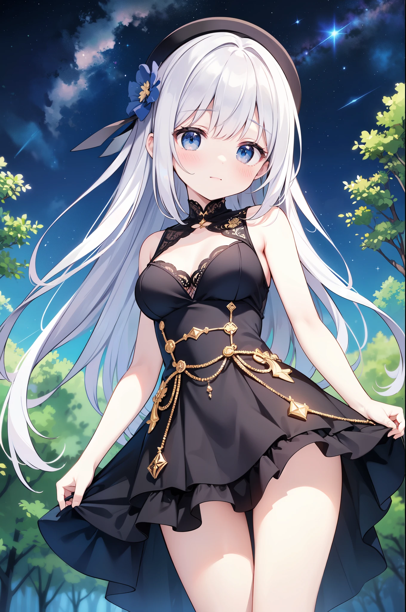 (masterpiece)、(highest quality)、((Super detailed))、(super delicate)、Ero cute、Pastel colors hair、beautiful breasts、Gorgeous、Fantastic forest and starry sky、Golden, silver, and deep blue dress、look up from below