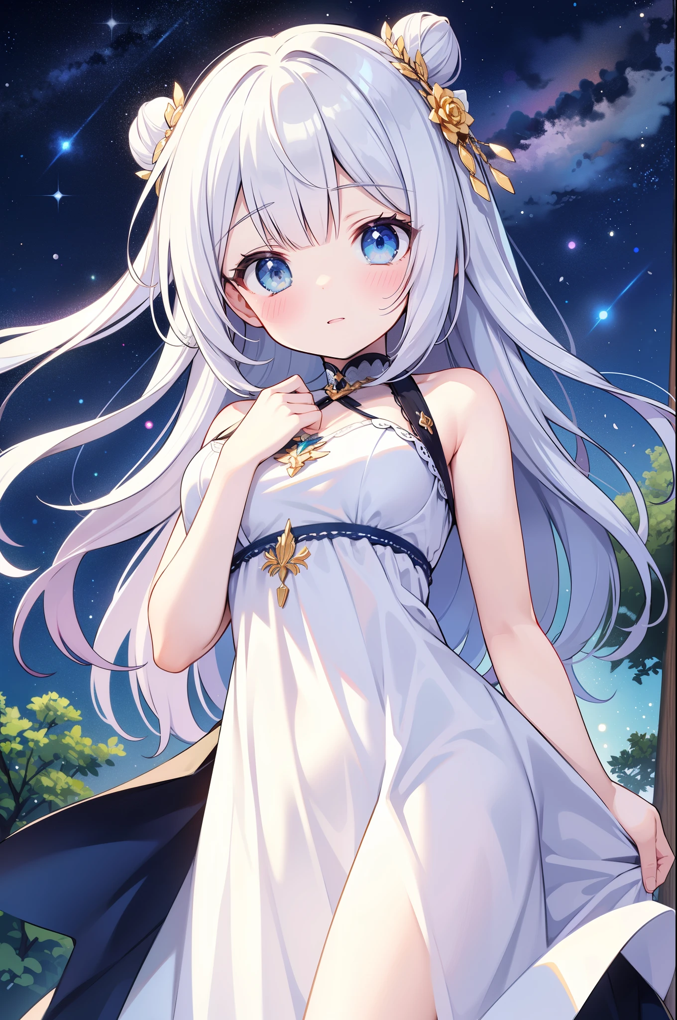 (masterpiece)、(highest quality)、((Super detailed))、(super delicate)、Ero cute、Pastel colors hair、beautiful breasts、Gorgeous、Fantastic forest and starry sky、Golden, silver, and deep blue dress、look up from below