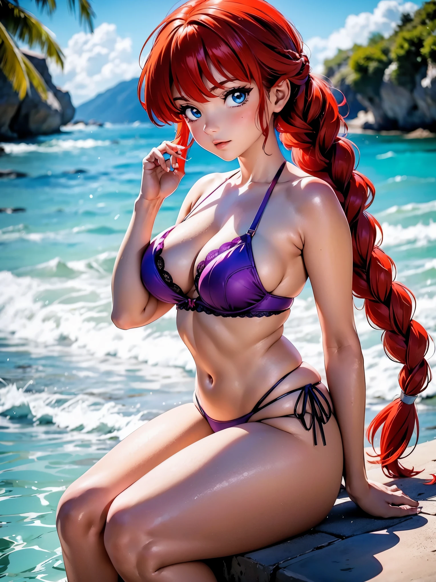 Redhead anime mermaid with fish tail and red bra shaped like sea shells, *******, corpo bonito, seios grandes, with your hands behind your head, running your hands through your hair, garota sexy, red hair with braid, gorgeous lighting, sombras suaves, olhos azuis, pernas bonitas, hair with braid, estilo anime, Ranma Chan, Autora Rumiko Takahashi, Baseado em obra de Rumiko Takahashi, Anime Ranma 1/ 2, decote sexy, quadril robusto, corpo inteiro, corpo completo, busto grande, garota jovem com corpo belo e bonito, sandals on the feet, ******* jovem baixa estatura, wearing beautiful purple sea voncha bra, garota anime, estilo anime, ((melhor qualidade)), ((obra de arte)), (detalhado), rosto perfeito, busto seios muito grandes