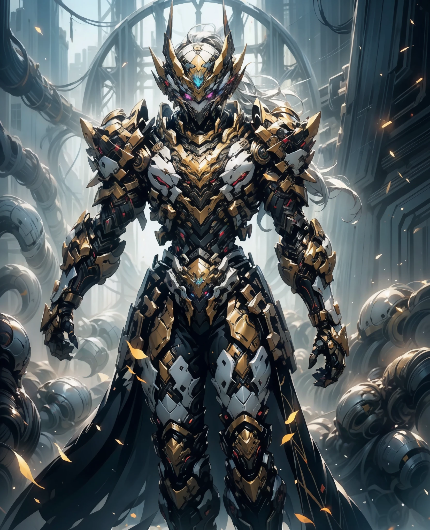 A woman adorned in fantasy-style full-body armor, a crown-concept fully enclosed helmet that unveils only her eyes, a composite layered chest plate, fully encompassing shoulder and hand guards, a lightweight waist armor, form-fitting shin guards, the overall design is heavy-duty yet flexible, the armor gleams with a golden glow, complemented by red and blue accents, exhibiting a noble aura, she floats above a fantasy-surreal high-tech city, this character embodies a finely crafted fantasy-surreal style armored hero in anime style, exquisite and mature manga art style, goddess, femminine, long legs, metallic, elegant, high definition, best quality, highres, ultra-detailed, ultra-fine painting, extremely delicate, professional, anatomically correct, symmetrical face, extremely detailed eyes and face, high quality eyes, creativity, RAW photo, UHD, 32k, Natural light, cinematic lighting, masterpiece-anatomy-perfect, masterpiece:1.5