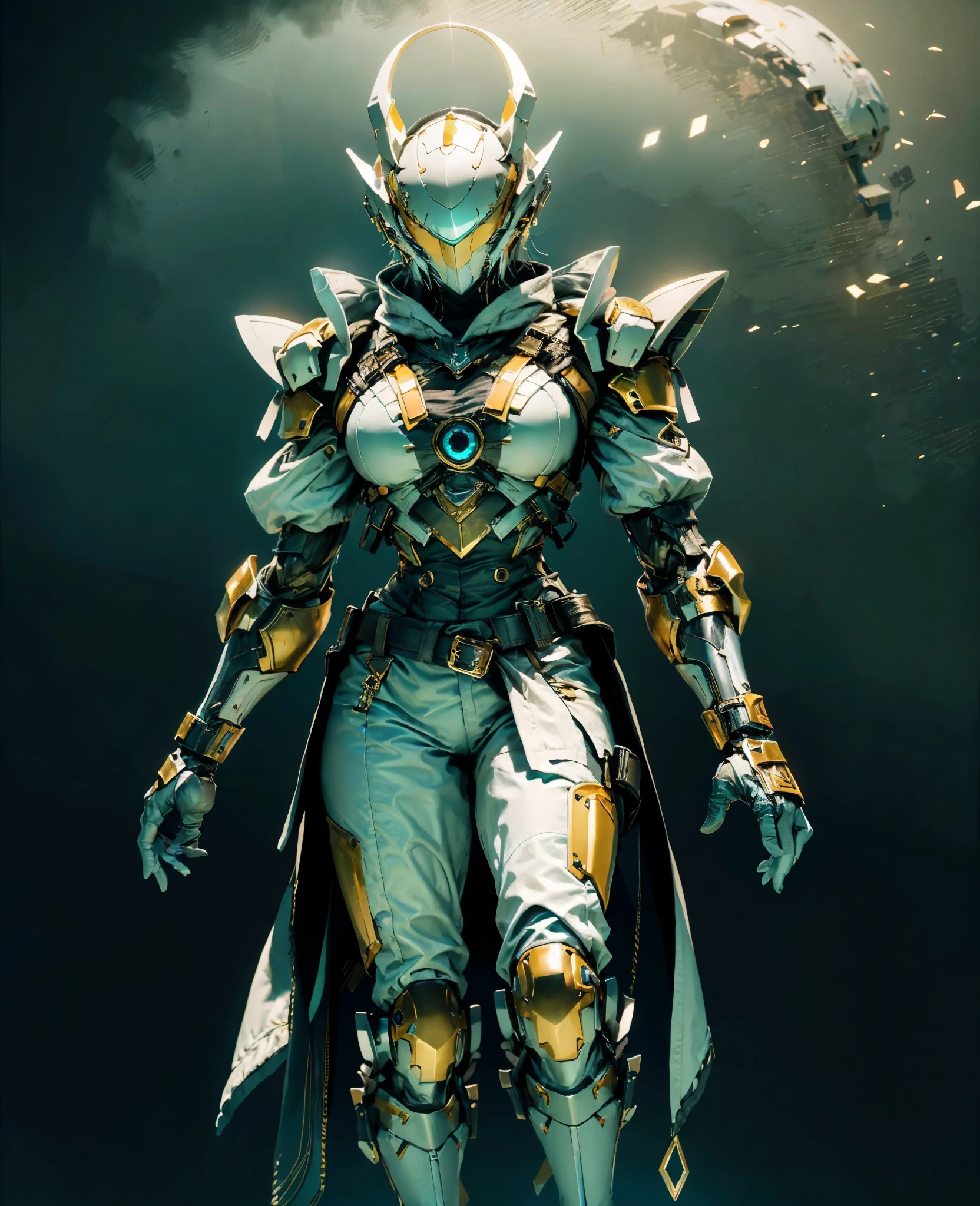 A woman adorned in fantasy-style full-body armor, a crown-concept fully enclosed helmet that unveils only her eyes, a composite layered chest plate, fully encompassing shoulder and hand guards, a lightweight waist armor, form-fitting shin guards, the overall design is heavy-duty yet flexible, the armor gleams with a golden glow, complemented by red and blue accents, exhibiting a noble aura, she floats above a fantasy-surreal high-tech city, this character embodies a finely crafted fantasy-surreal style armored hero in anime style, exquisite and mature manga art style, goddess, femminine, long legs, metallic, elegant, high definition, best quality, highres, ultra-detailed, ultra-fine painting, extremely delicate, professional, anatomically correct, symmetrical face, extremely detailed eyes and face, high quality eyes, creativity, RAW photo, UHD, 32k, Natural light, cinematic lighting, masterpiece-anatomy-perfect, masterpiece:1.5