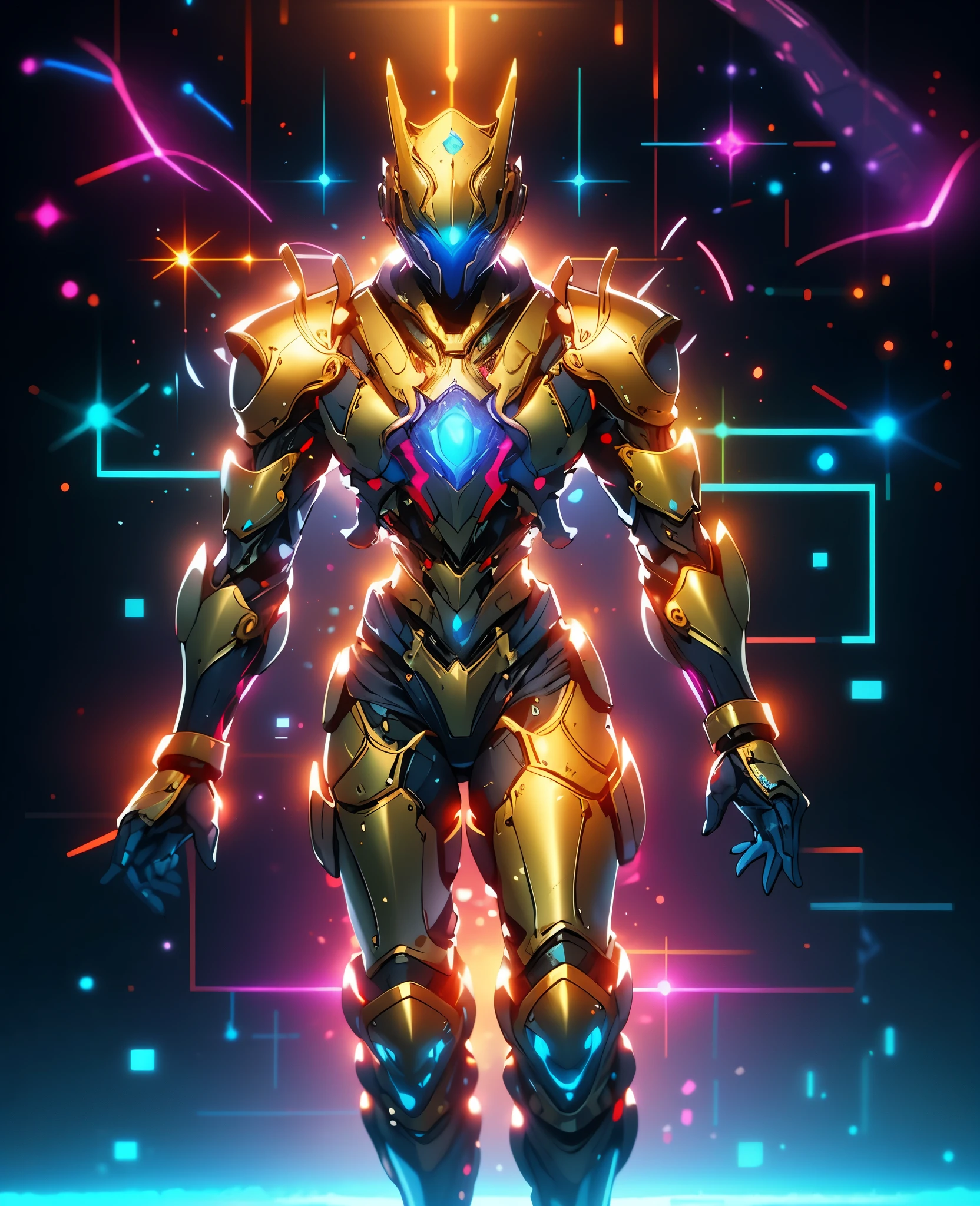 A woman adorned in fantasy-style full-body armor, a crown-concept fully enclosed helmet that unveils only her eyes, a composite layered chest plate, fully encompassing shoulder and hand guards, a lightweight waist armor, form-fitting shin guards, the overall design is heavy-duty yet flexible, the armor gleams with a golden glow, complemented by red and blue accents, exhibiting a noble aura, she floats above a fantasy-surreal high-tech city, this character embodies a finely crafted fantasy-surreal style armored hero in anime style, exquisite and mature manga art style, goddess, femminine, long legs, metallic, elegant, high definition, best quality, highres, ultra-detailed, ultra-fine painting, extremely delicate, professional, anatomically correct, symmetrical face, extremely detailed eyes and face, high quality eyes, creativity, RAW photo, UHD, 32k, Natural light, cinematic lighting, masterpiece-anatomy-perfect, masterpiece:1.5