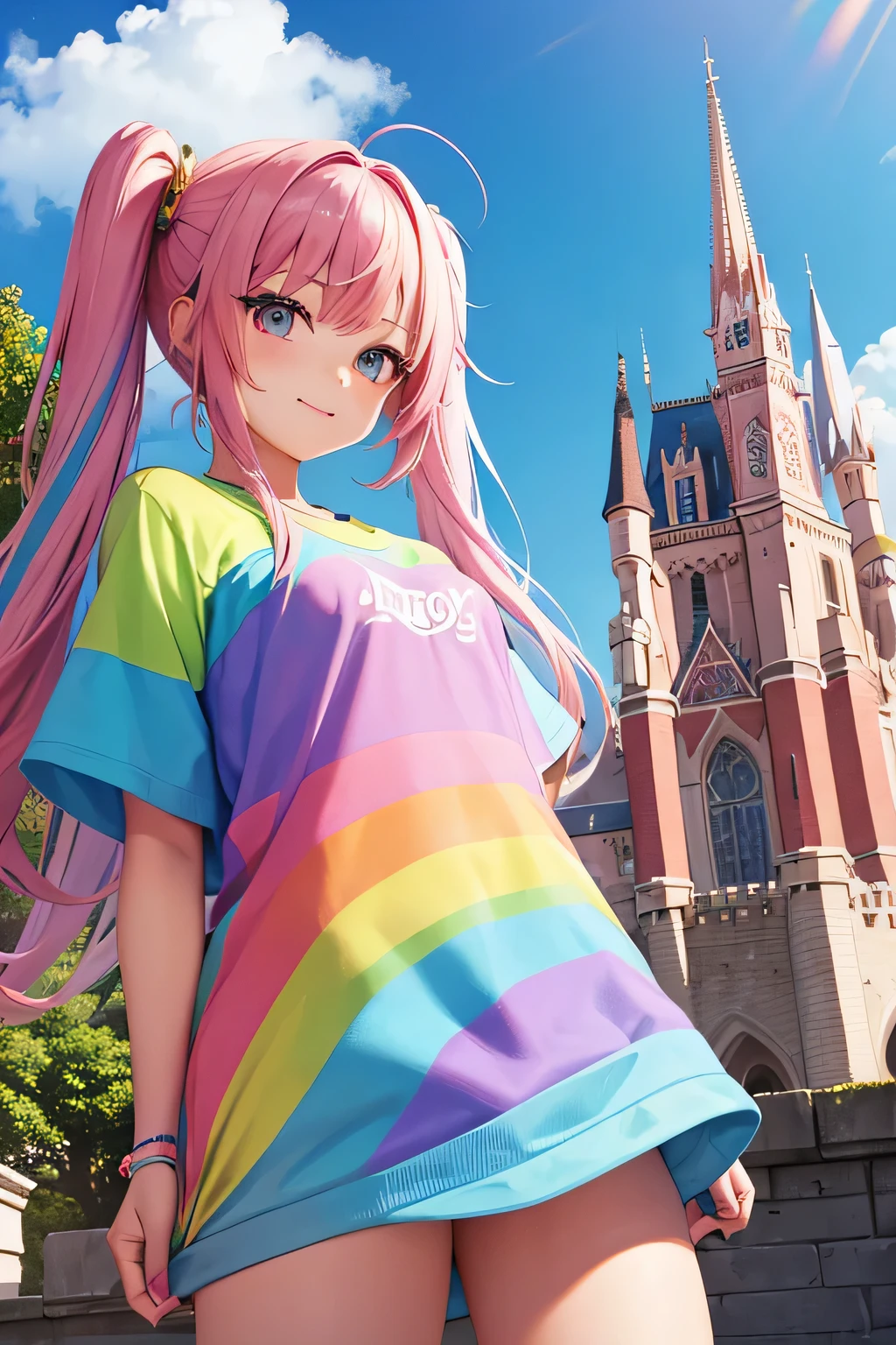 Cute girl, with rainbow hair, with big eyes, big , standing in a castle, have pink snake around her arm