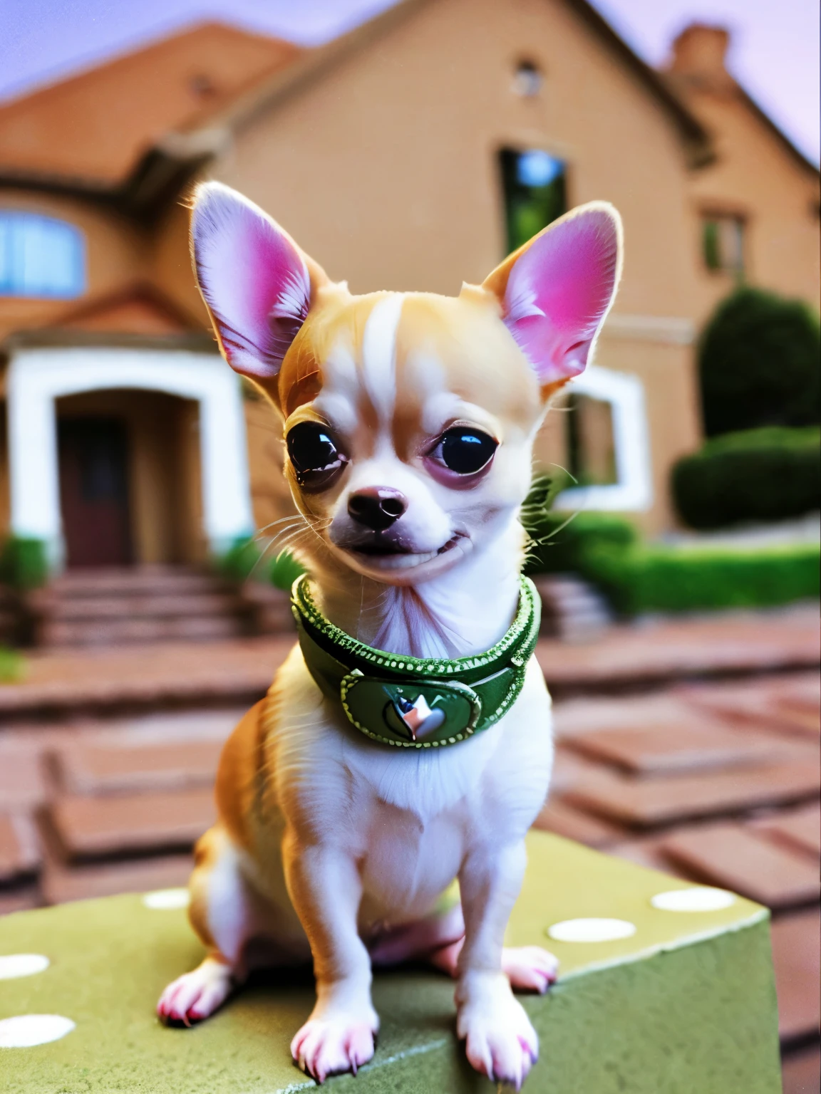 happy fawn chihuahua, wearing a princess collar, sitting, smile, Big eyes, house background, pixer style, ....3D, comics, detailed face, Asymmetrical 16K