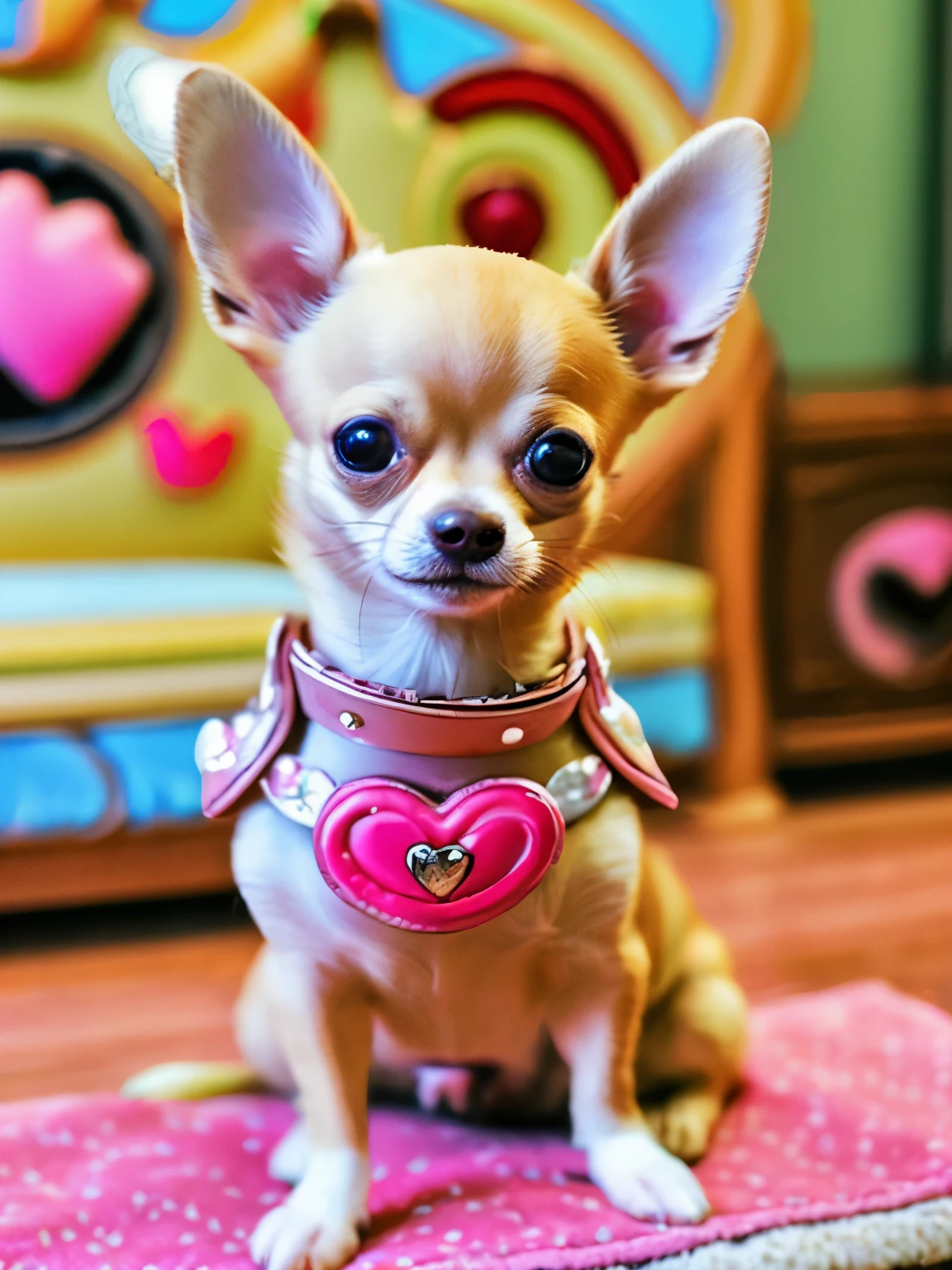 happy fawn chihuahua, wearing a princess collar, sitting, smile, Big eyes, house background, pixer style, ....3D, comics, detailed face, Asymmetrical 16K