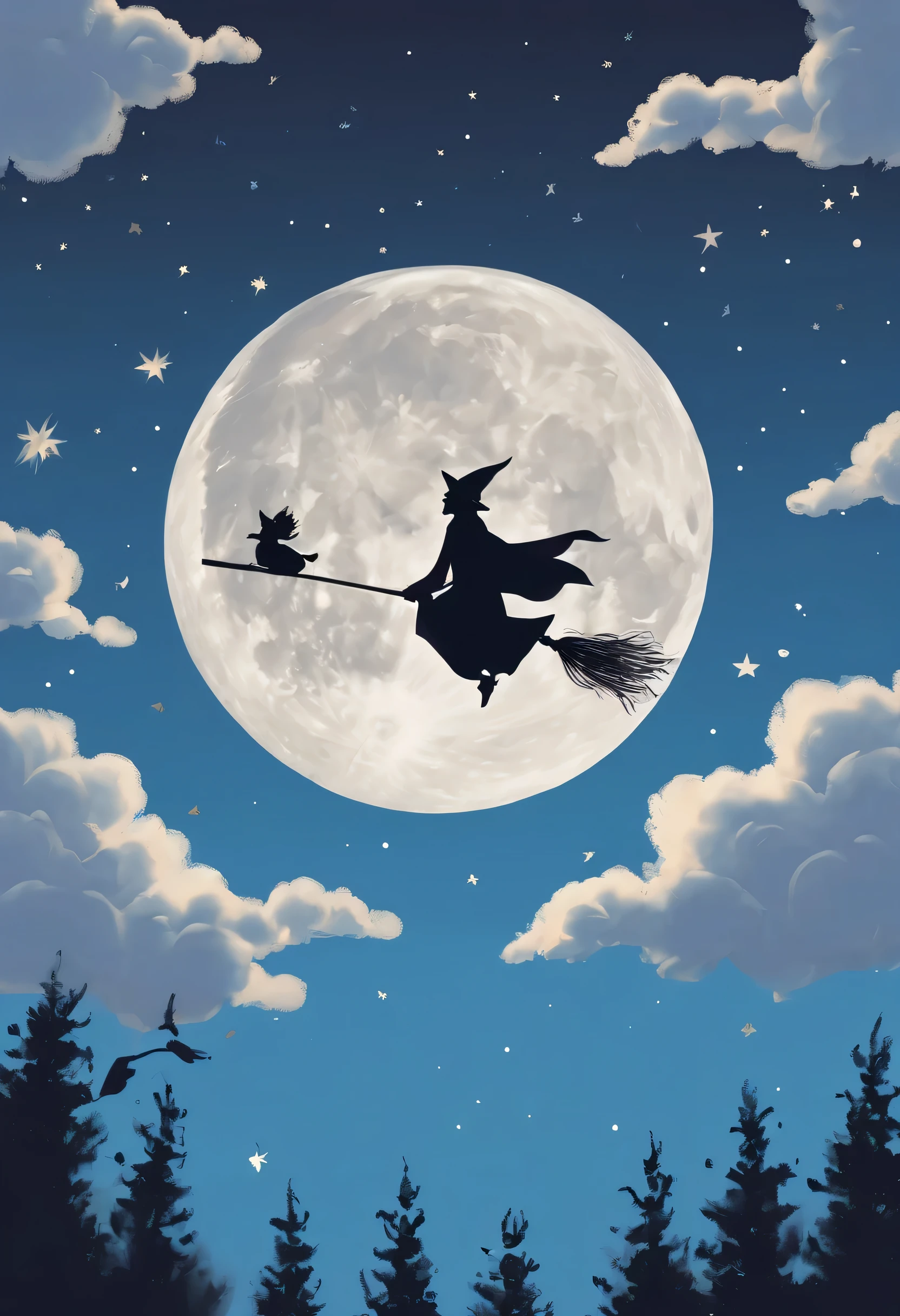 illustration：in the sky，（Two witches flying on broomsticks，air racing），fluffy clouds，Fly to the huge moon，Rear view，glistening stars，dreamy blue sky，inspired by"harry potter"