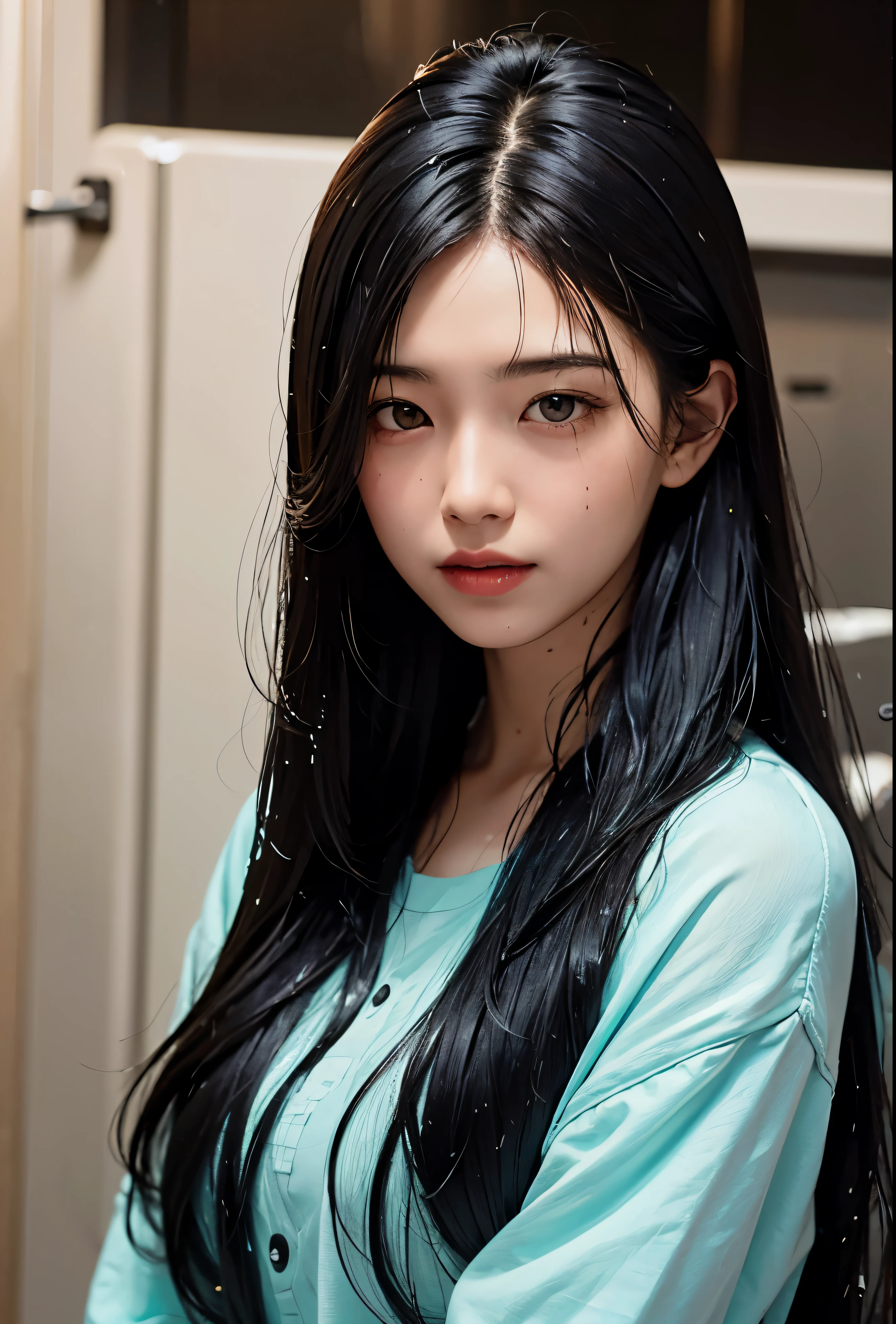 a black-haired woman whose hair was very wet and very oily