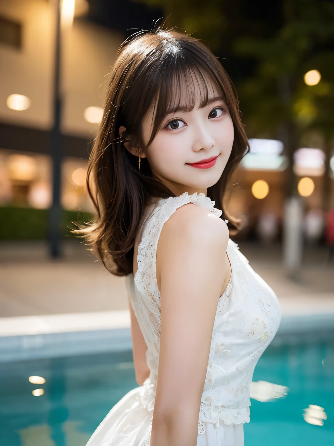 muste piece, best quality, illustration, Super detailed, fine details, High resolution, 8K Dende Wallpaper, perfect dynamic composition, beautiful detailed eyes, she is wearing a white dress,medium hair,natural color lip, shy smile,Harajuku style、20 year old girl、There is only one person, bust up photo、Correct posture、stretch your back、Never show your hands、Stand up straight、cute type、looking at camera、C Cup、golden hair、Don't touch it、Blurry night pool background