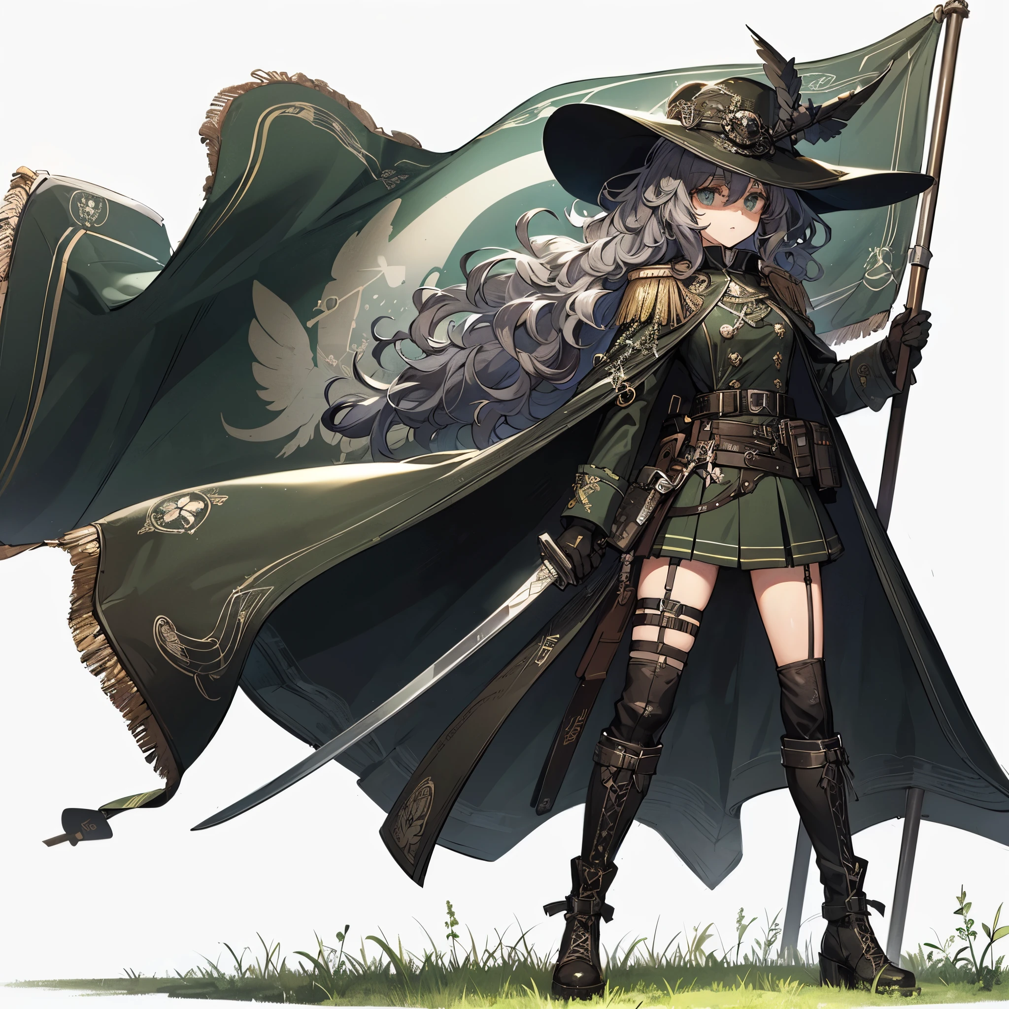 (masterpiece, Best Quality), (Perfect athlete body:1.2), (detailed hairs), Ultra-detailed, Anime style, Full body, solo, young girl, cyberpunk bard with sword, dark green broad-brimmed hat and cloak, she carries a huge military flag embroidered with a silver moon, gray curly hair fluttering, wearing raised boots, standing in grass, digital painting, 8k high resolution, trending art station, white background, whole body,