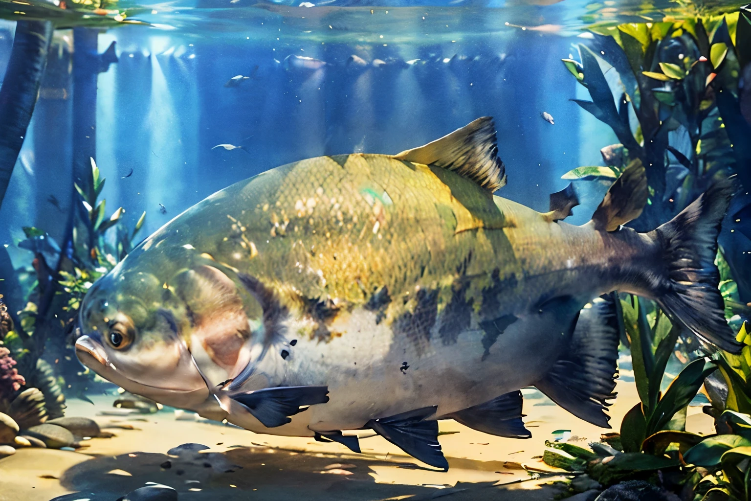 Um peixe tambaqui, beautiful aquarium, lua ao fundo