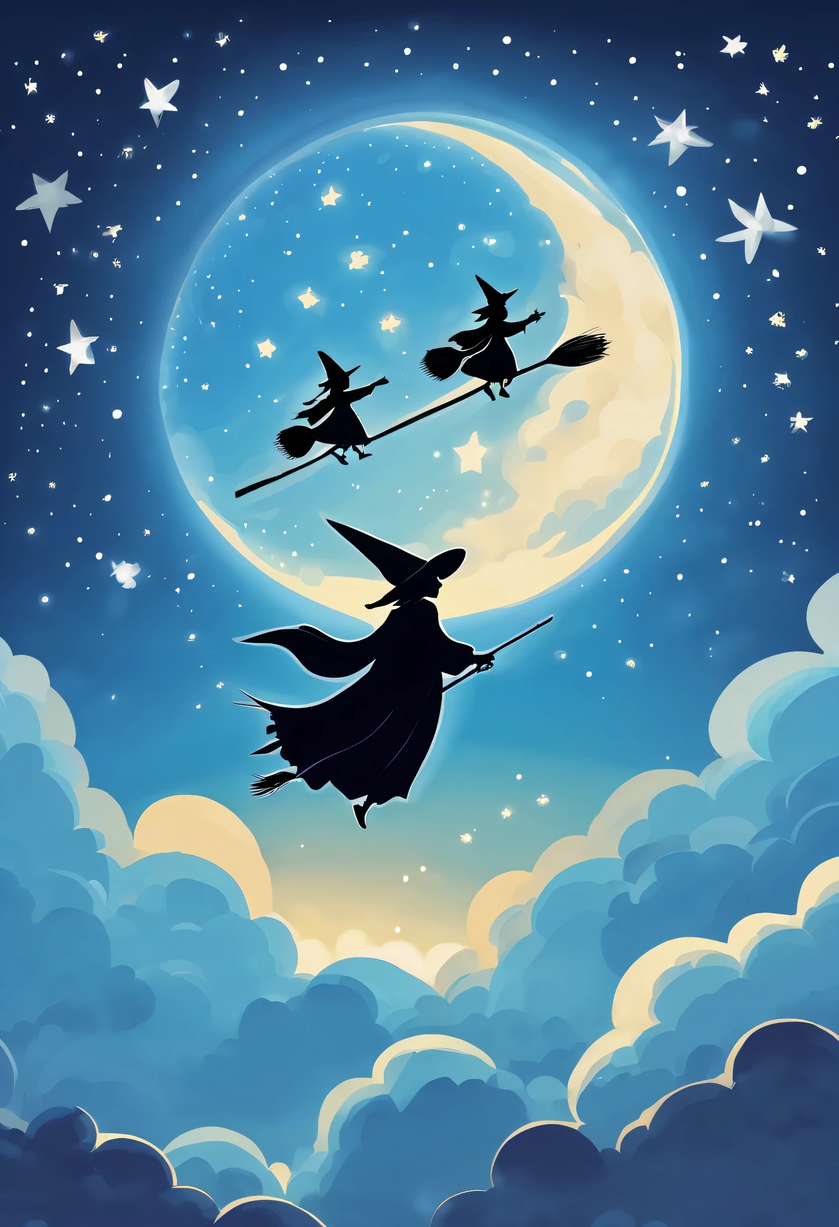 illustration：in the sky，Two witches flying on broomsticks，air racing，fluffy clouds，Fly to the huge moon，Rear view，glistening stars，dreamy blue sky，inspired by"harry potter"