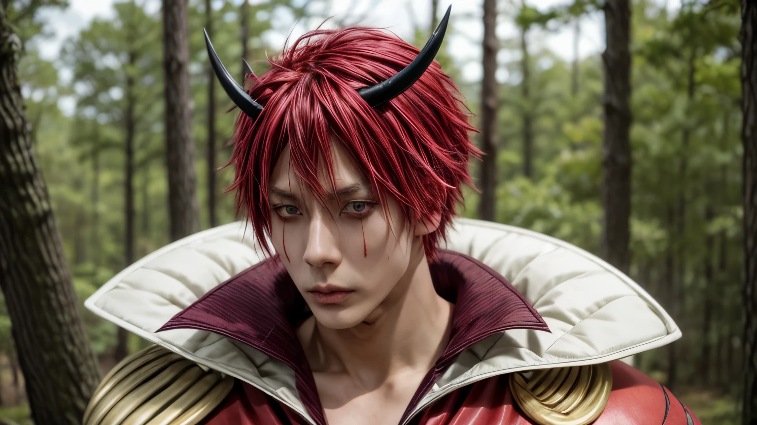 photorealistic photo of Benimaru(Tensei Shitara Slime Datta Ken), he has red hair, two horns on head, and marking under his eyes, he is tall and has a samurai outuift, raw photo, photo realism, cowboy shot , facing forward, best photo, highest quality, light passing through haor, etremely detailed, highly detailed, best shot , natural lighting, skin has proper texture and hair is goood, mix of fantasy and real world.