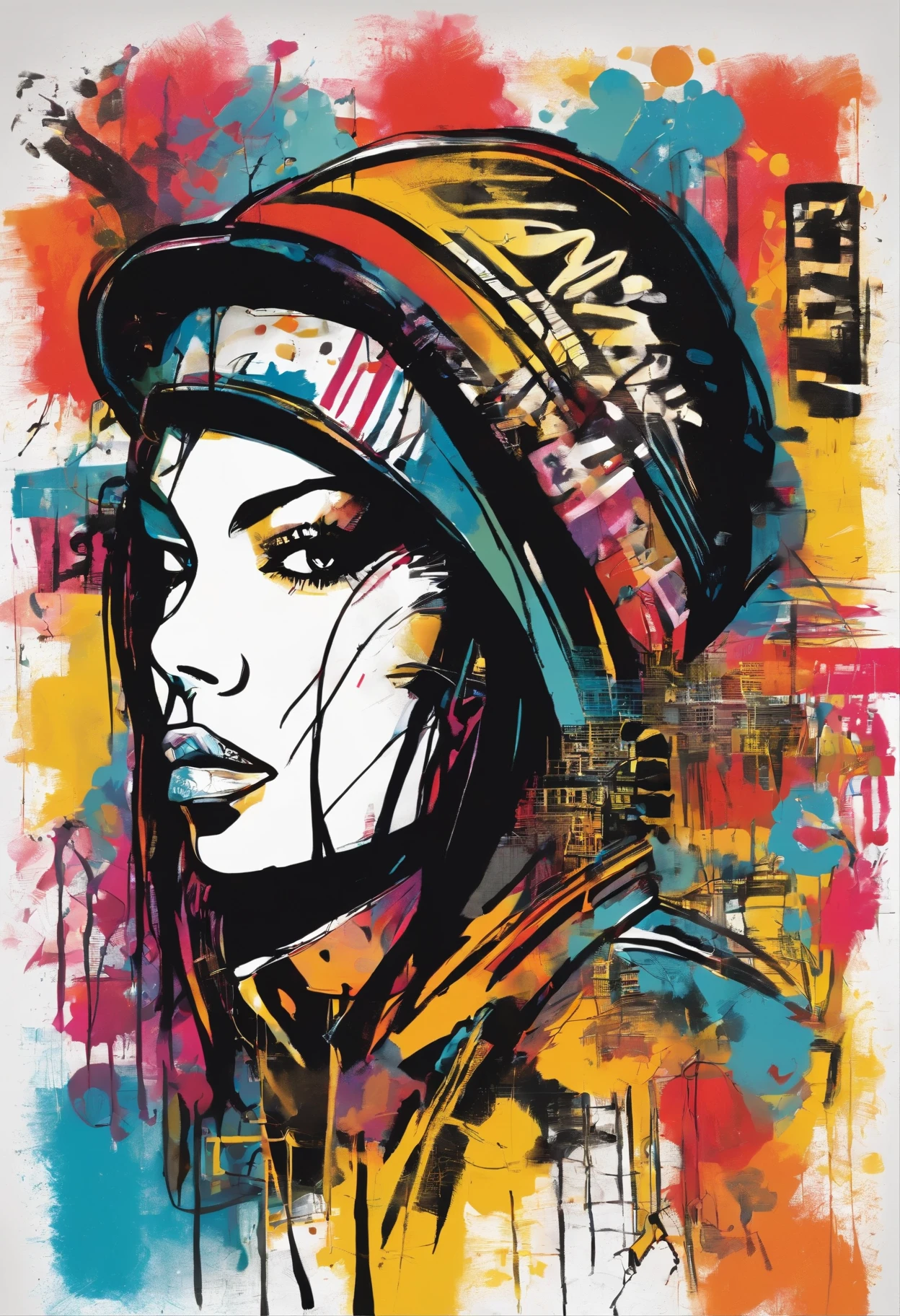 # subject: Sasha Grey
# creative_descriptions: Dynamic, expressive, playful, spontaneous
# environment: Urban cityscape, busy and vibrant
# mood/atmosphere: Edgy, modern, confident
# fashion: Leather jacket, skinny jeans, heeled boots, bold accessories
# artistic_medium/techniques: Scribble art, utilizing conceptual and modern techniques
# artists/illustrators/painters/art_movements: Jean-Michel Basquiat, Street Art, Contemporary Art
# camera_settings: Shallow depth of field, capturing the bold colors and textures of the artwork