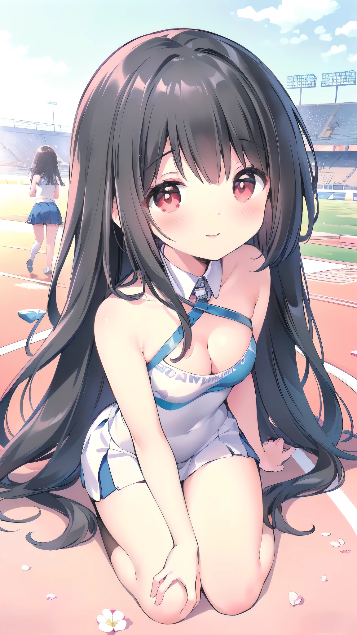 (1 girl, Random poses, wearing cheerleader uniform, high school student, in the track field background:1.5), (gentle housewife, small girl, full body, depth of view,  and short figure girl, cute and adorable, perfect woman, medium cleavage, mature aura:1.2), (masterpiece, best quality, HD Pictures, 4K:1.1), ((very long hair, bangs, gentle look, gentle smile, gentle eyes, mature looking, pinkish cheeks, very detailed eyes, very detailed pupils, very detailed ridiculously long black hair, detailed face, detailed ruby red eyes)), full body, look up to viewer, detailed long black hair, (happy gentle face, warm smile, blushing red cheeks:1.3)