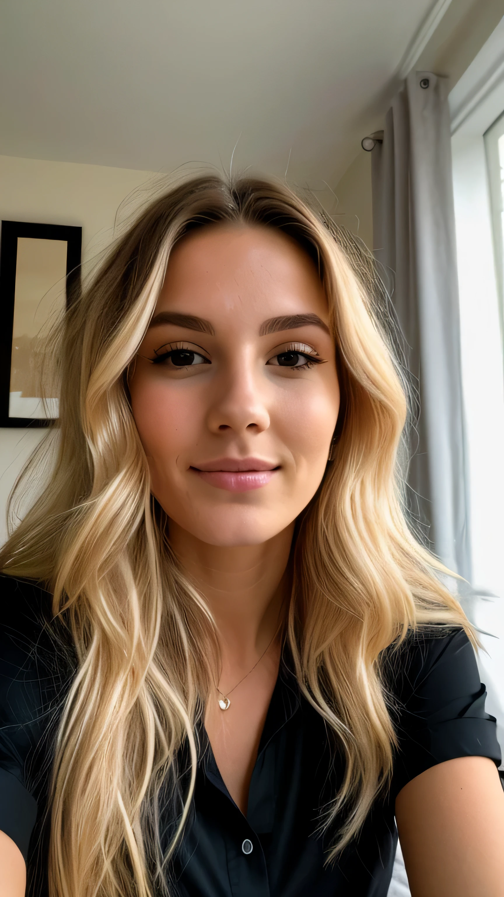 23 year old blonde woman sitting on the bed taking a selfie at home&#39;interior, 50mm f/2.8, Photorealism, Blonde Hair with Light Brown Roots, cheveux blond, Cheveux avec des racines brunes, Very long hair, yeux bleus, belle femme, vue de face, Extreme close-up of the face, zoom sur le visage, elegant black shirt, elegant beige shorts, high quality, selfie, profondeur de champ courte