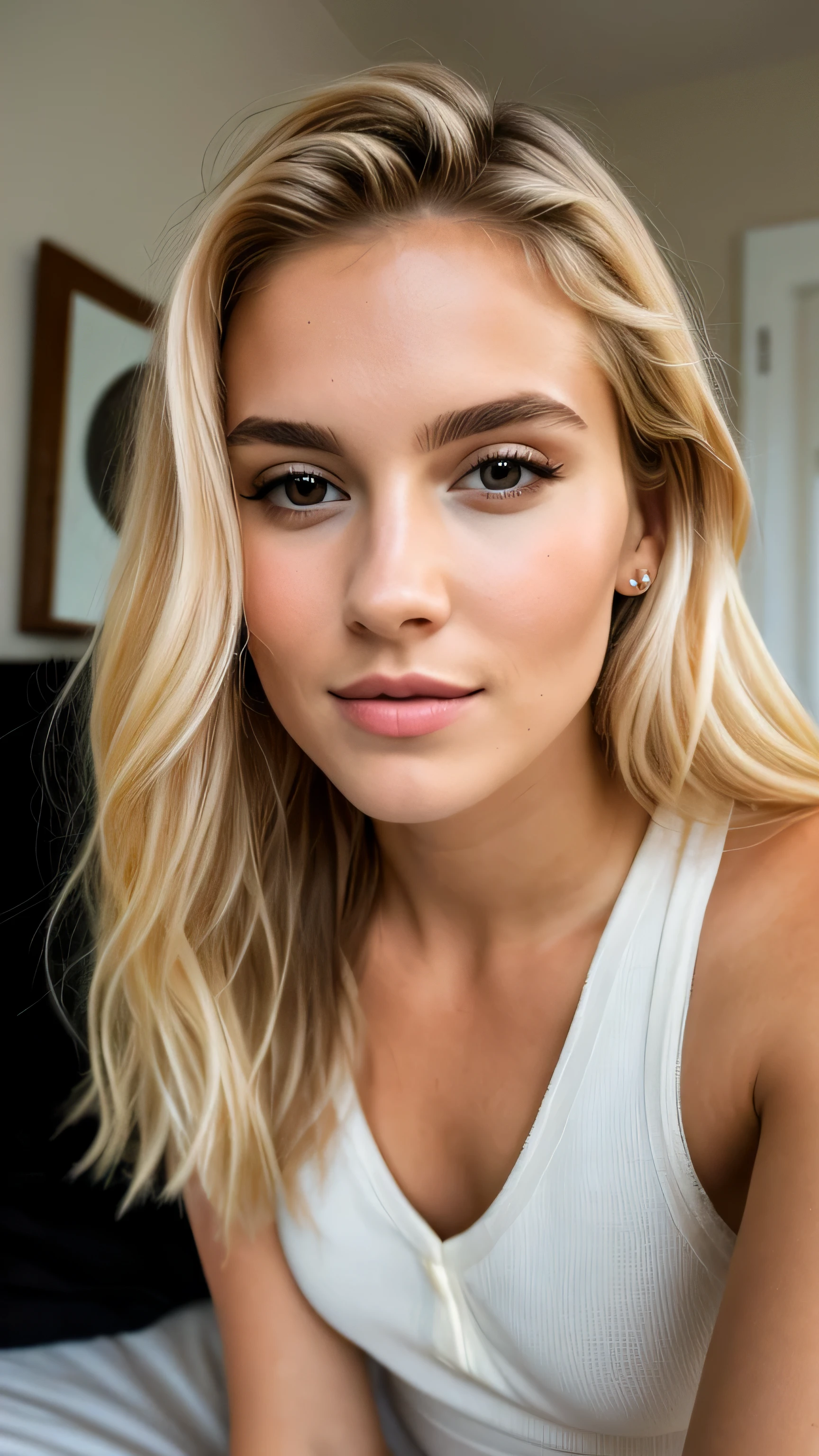 23 year old blonde woman sitting on the bed taking a selfie at home'interior, 50mm f/2.8, Photorealism, Blonde Hair with Light Brown Roots, cheveux blond, Cheveux avec des racines brunes, Very long hair, yeux bleus, belle femme, vue de face, Extreme close-up of the face, zoom sur le visage, elegant black shirt, elegant beige shorts, high quality, selfie, profondeur de champ courte