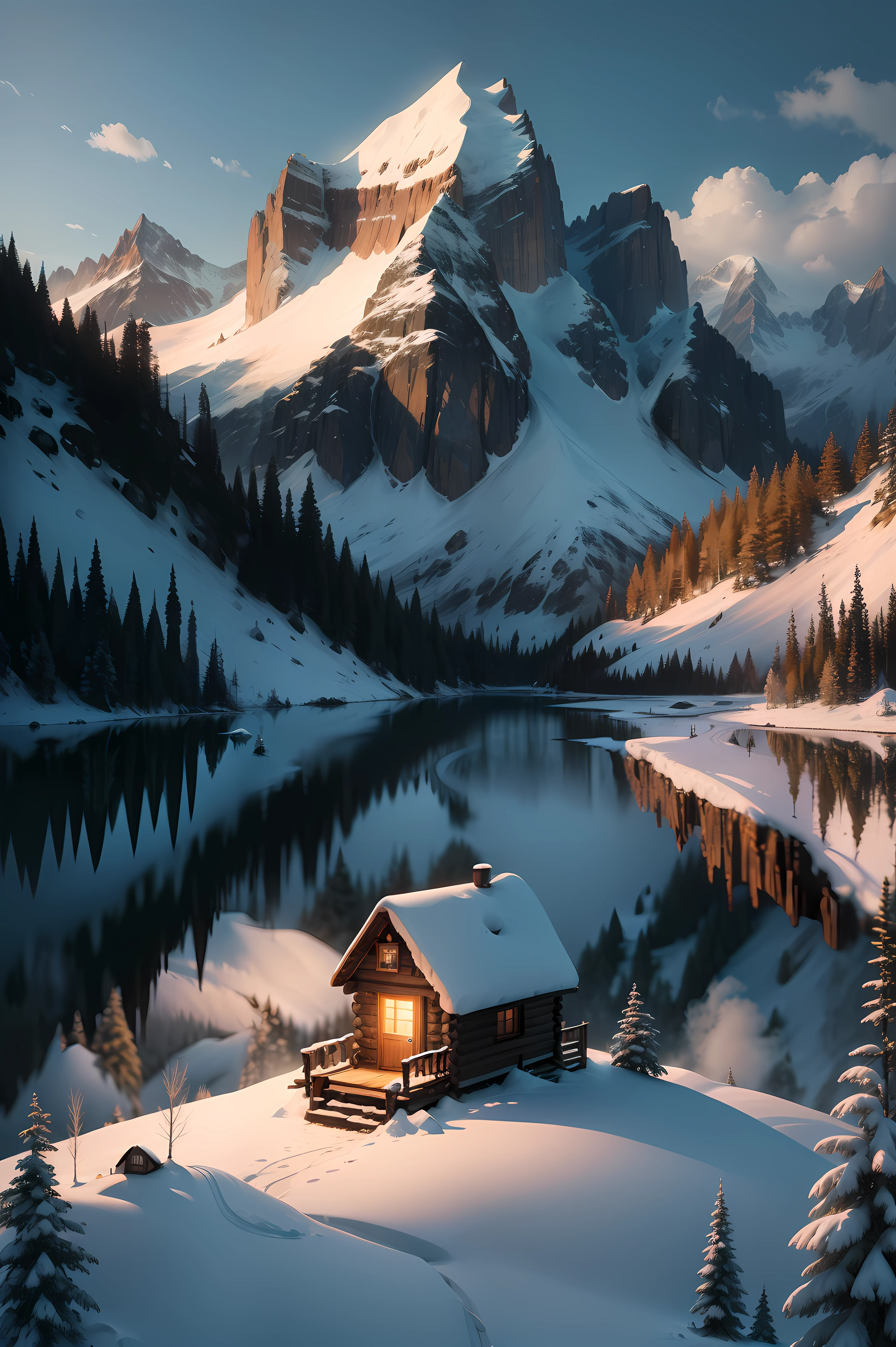 A tiny cabin at the foot of Towering snow-capped mountains, turquoise lake, (forest), flowers, trees, grass, bamboo, spring, clouds, evening, chiaroscuro, cliffs, panorama, 8K, high quality