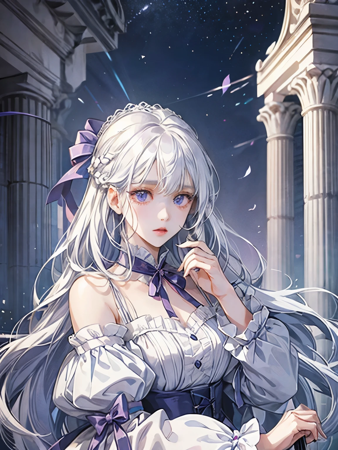 one girl、noble、daughter、white hair、purple eyes、droopy　eyes、white and light blue dress、ribbon、very cute、palace、Princess、long hair、high resolution